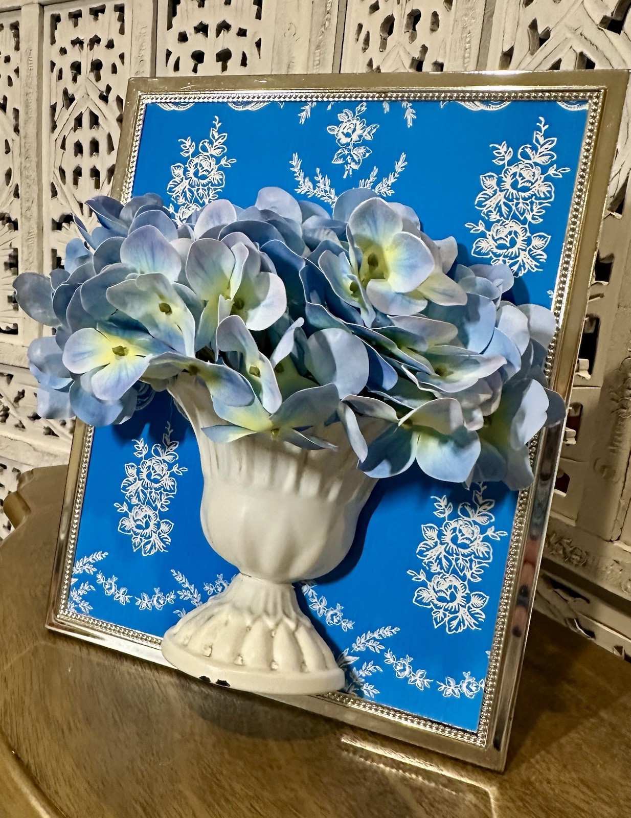 3D Artistry Handmade Blue Hydrangeas in Distressed Metal Urn Framed Florals