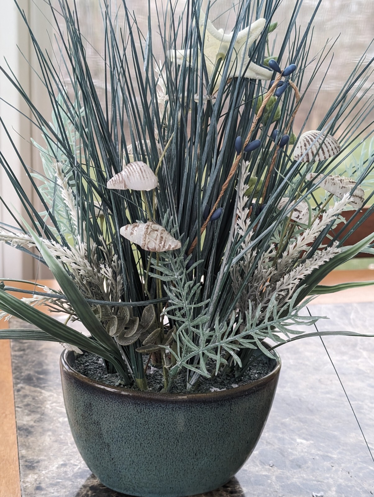 Artificial Onion Grass with Sea Shells Aqua Speckled Stoneware Ceramic Pot 14″
