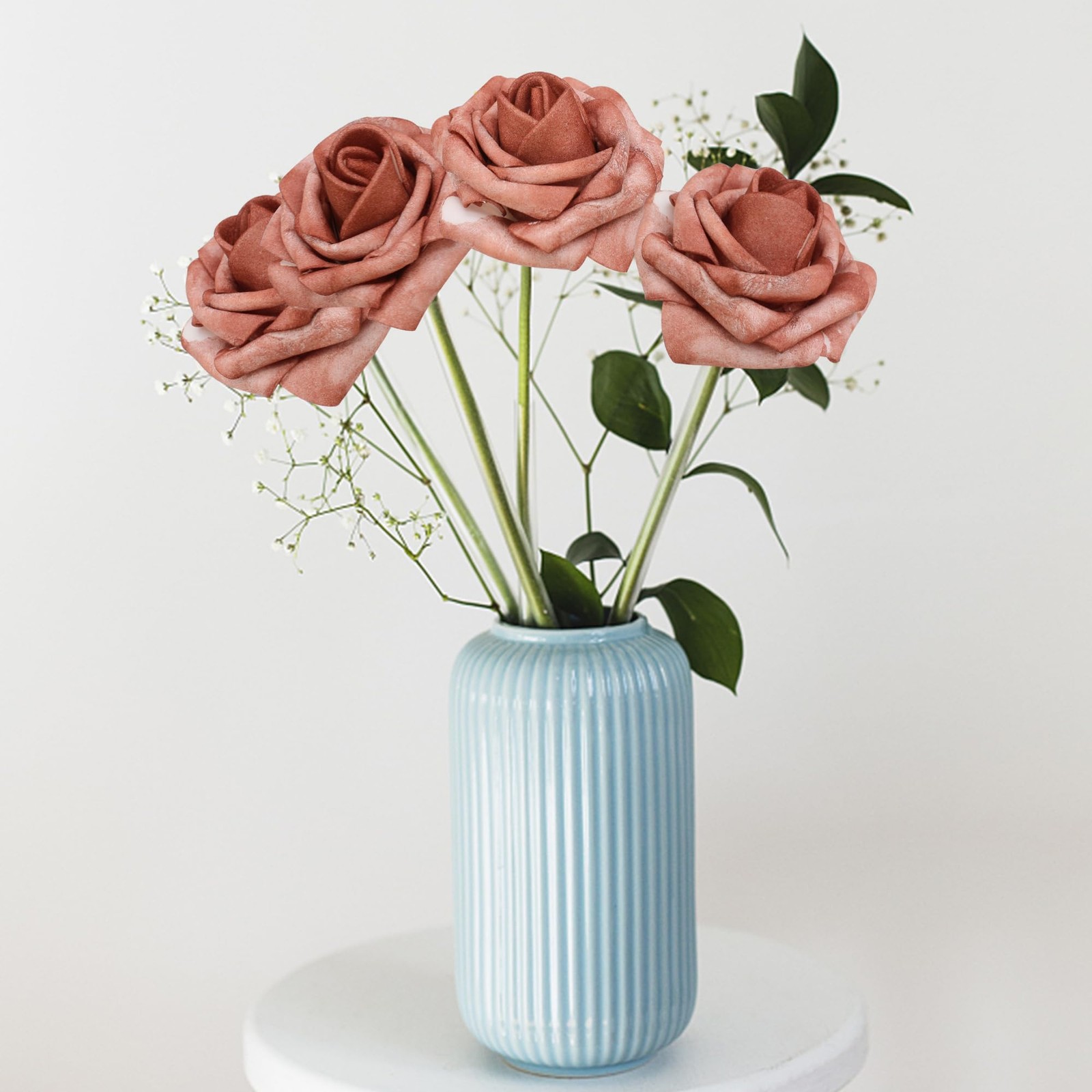 50PCS Warm Taupe Artificial Roses, Real Looking Foam Flowers, Leaves, DIY