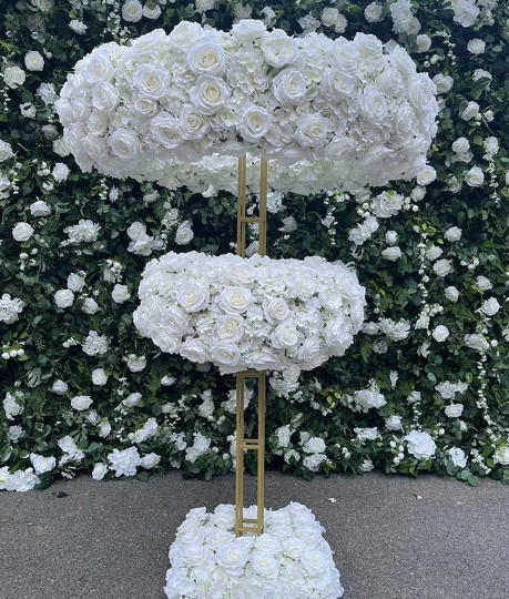Three Tier Flower Stand with Attached Voluminous Hydrangeas and Roses Wreathes