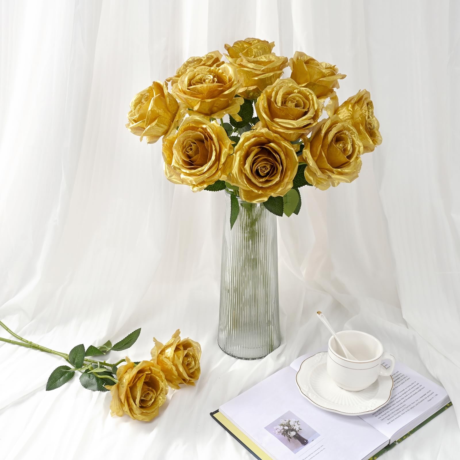 16 Pcs Fake Gold Roses Artificial Flowers with Long Stems, Rose Bouquet Silk …