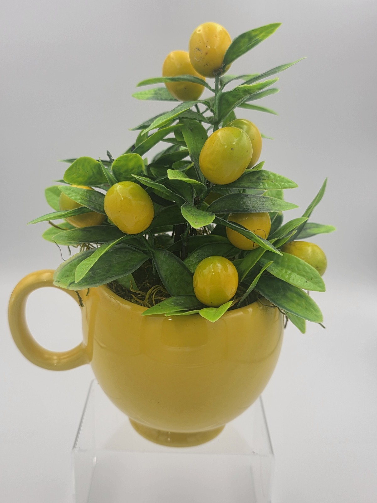 SMILEY FACE BRIGHT YELLOW CERAMIC CUP WITH LEMON TREE FLORAL ARRANGEMENT