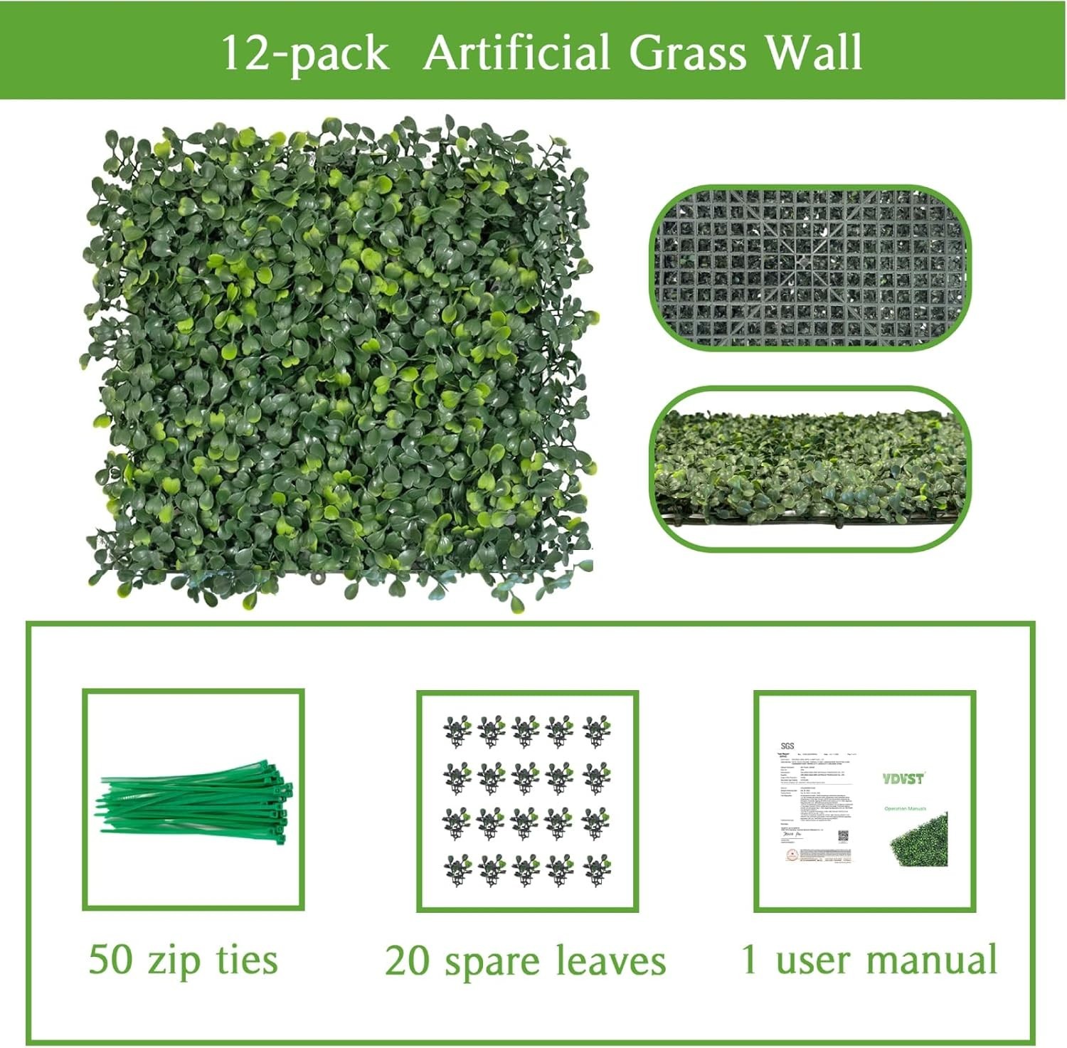 Grass Wall Panels 12 PCS 10″x 10″ Artificial Boxwood Panels with 50 Zip Ties,…
