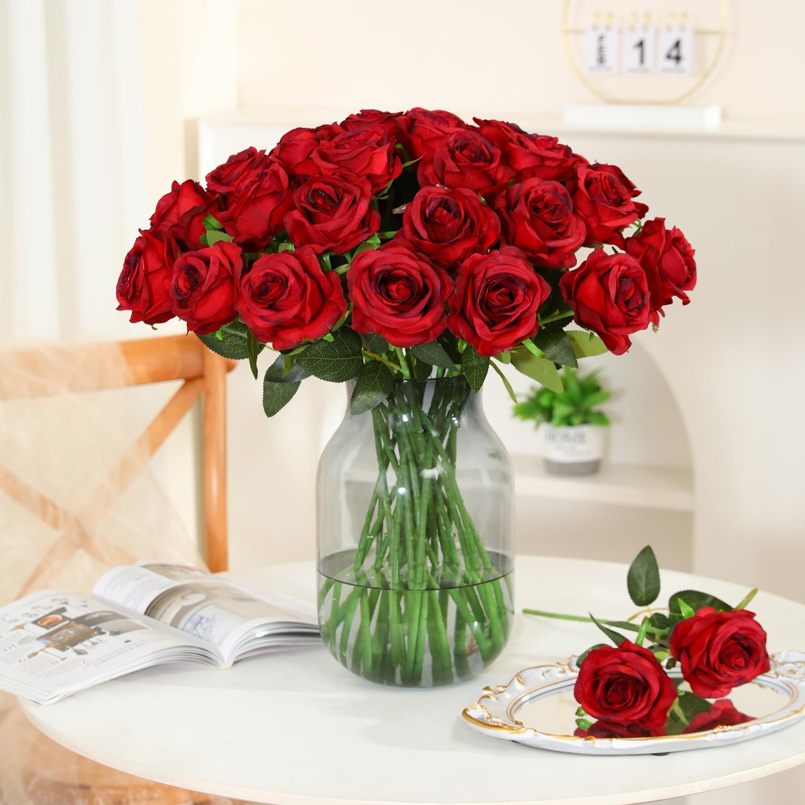 50pcs Artificial Burgundy Roses Bulk, Fake Red Roses Flower with Stems Realis…