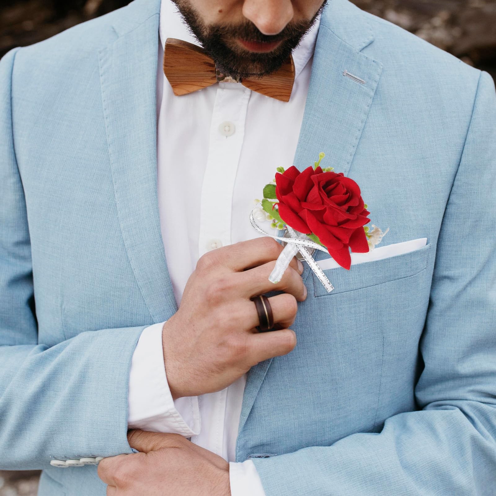2 PCS Artificial Red Rose Boutonniere Corsage Wristlet Set Prom Wedding Band