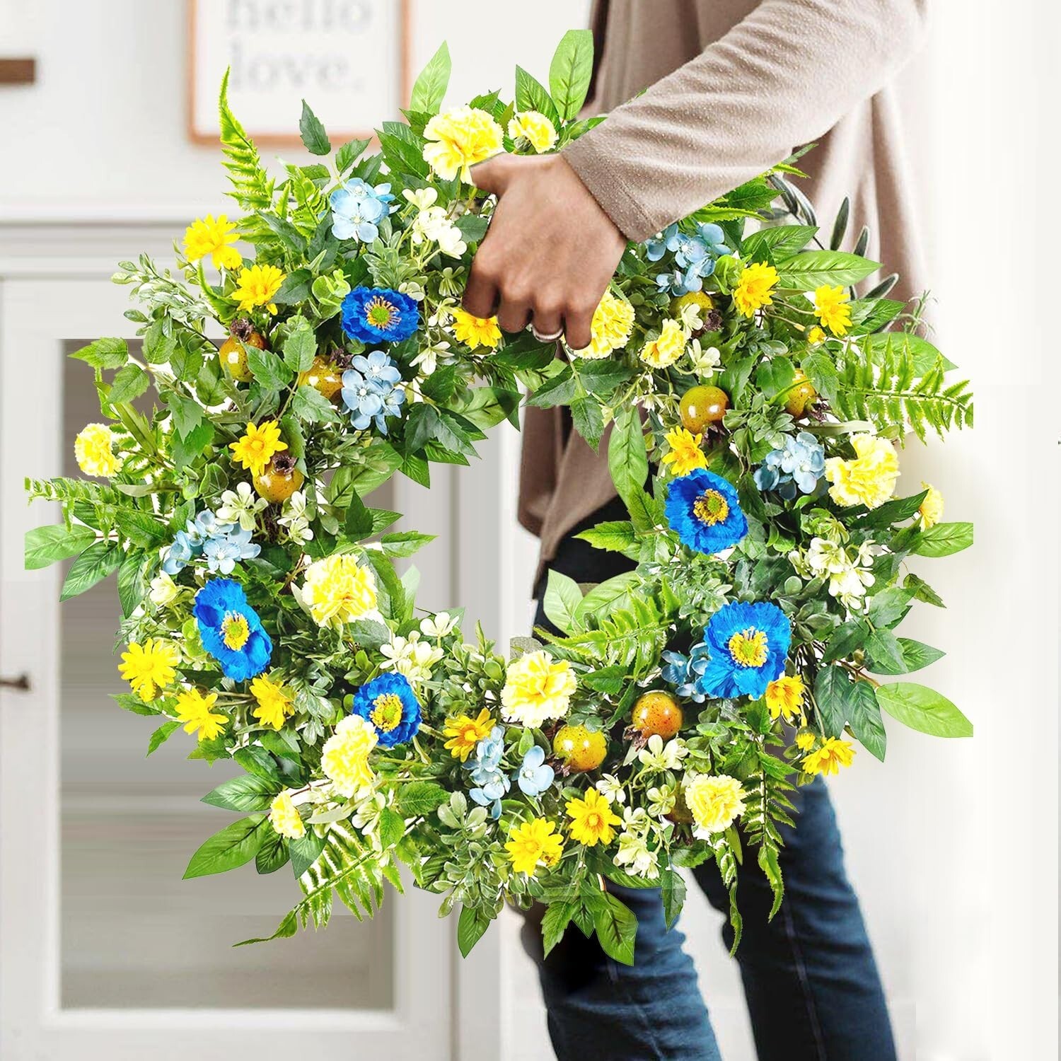 24-Inch Spring & Summer Flower Wreath – Blue & Yellow Elegance for Front Door