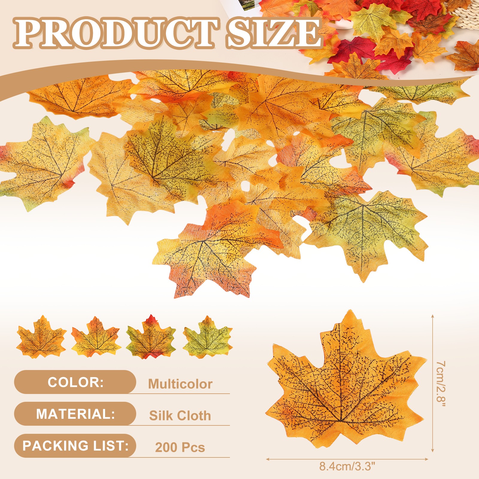 200Pcs Fall Leaves 3.3 Inch Colored Mixed Fake Leaf, Yellow and Green Series