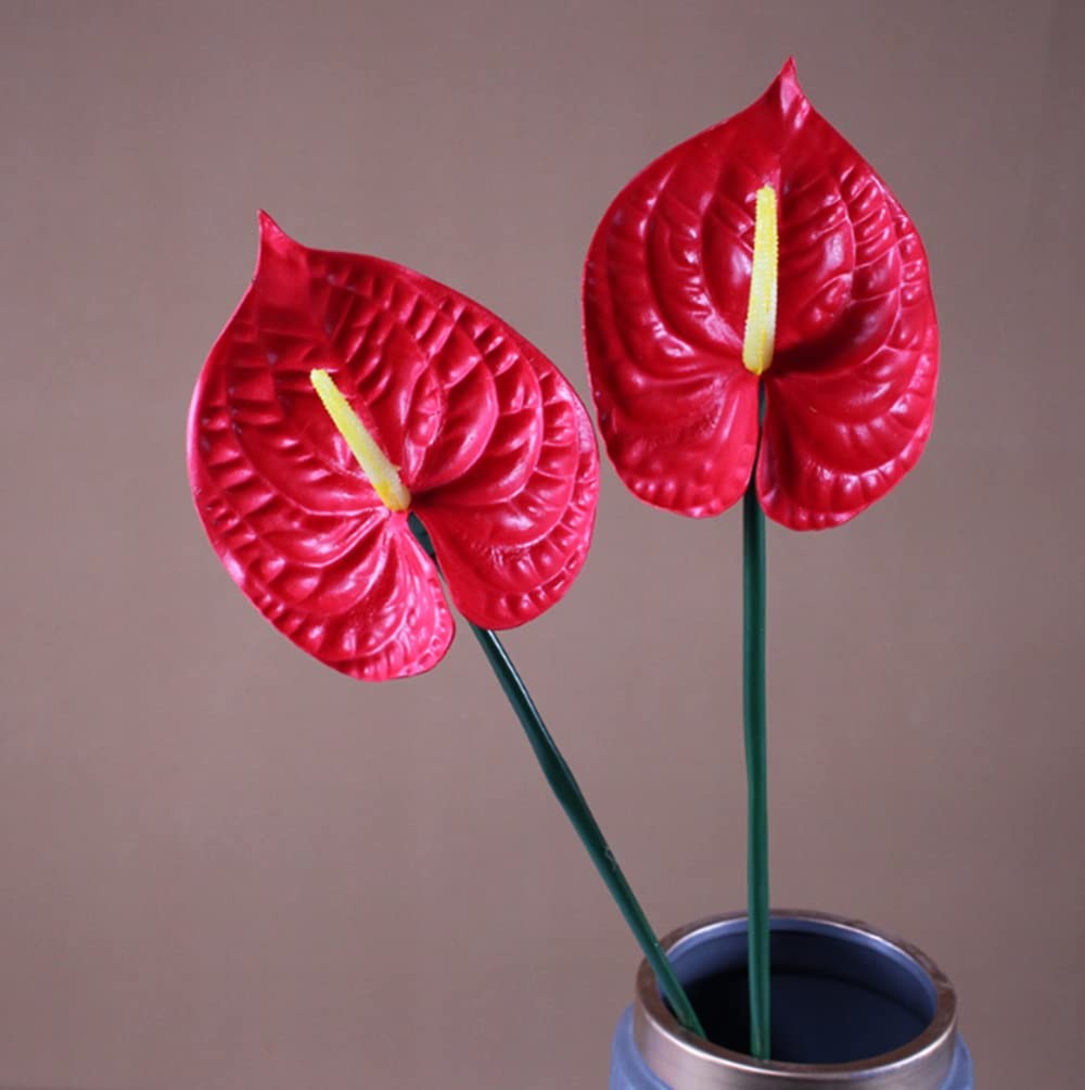 Faux Anthurium Lilies Home Decor Bouquet With Green Leaves Red Fits 27 Inch