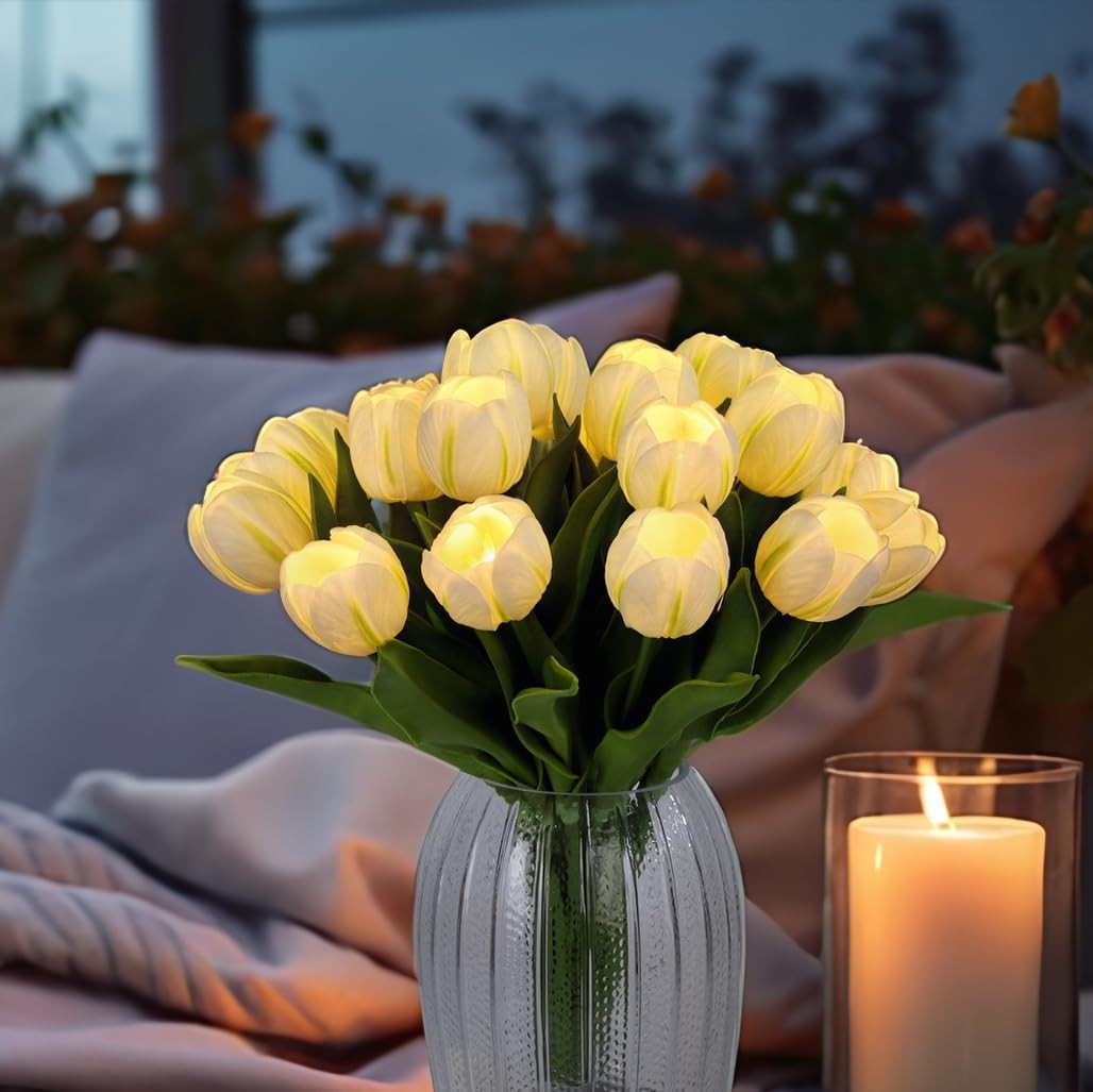 20 LED Lighted Faux Tulip Flowers for Home Decor – White, Valentine’s & Easter