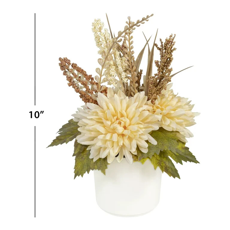 Mainstays Fall 10 Artificial Cream Mum Greenery Plant in White Pot