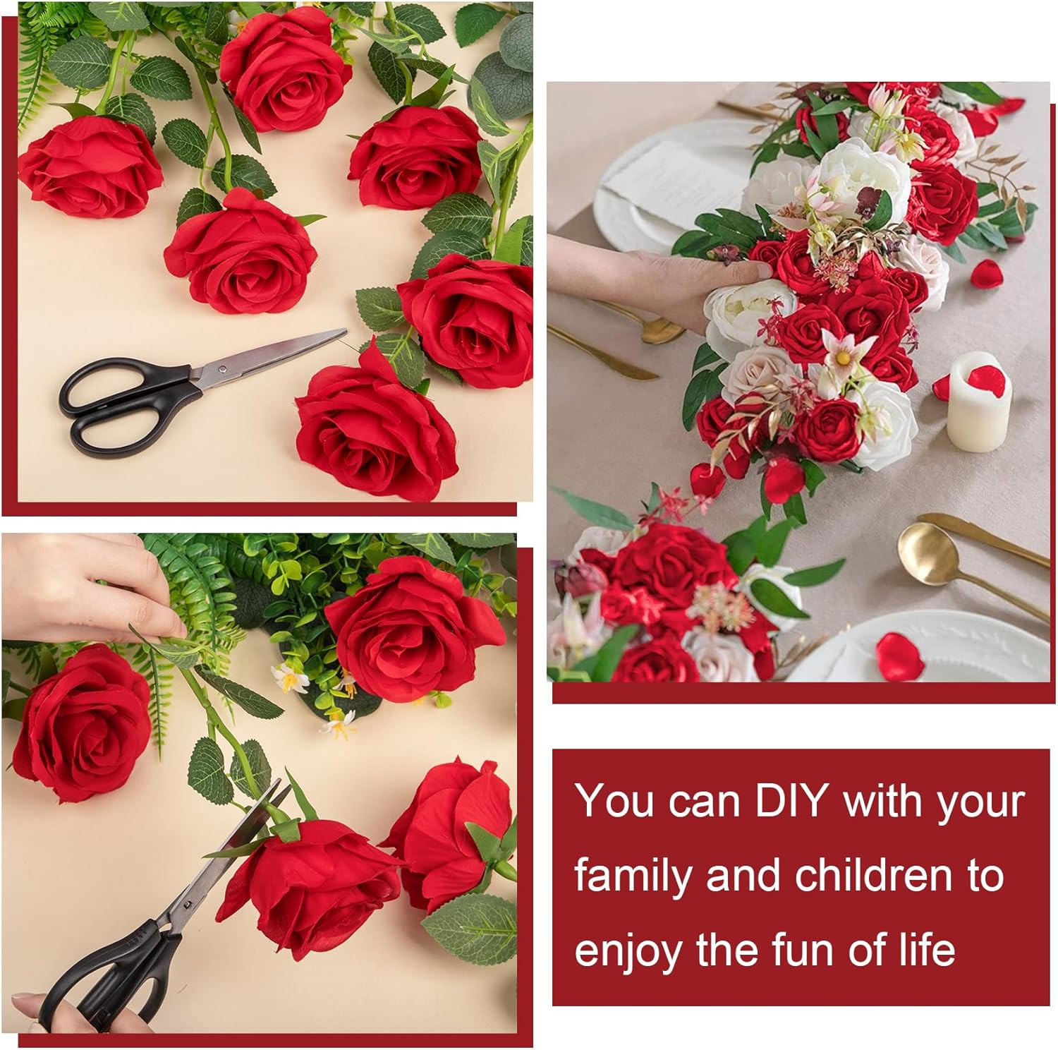 20 Pcs Red Roses Artificial Velvet Silk Flowers Fake Roses Bouquet with Long Ste
