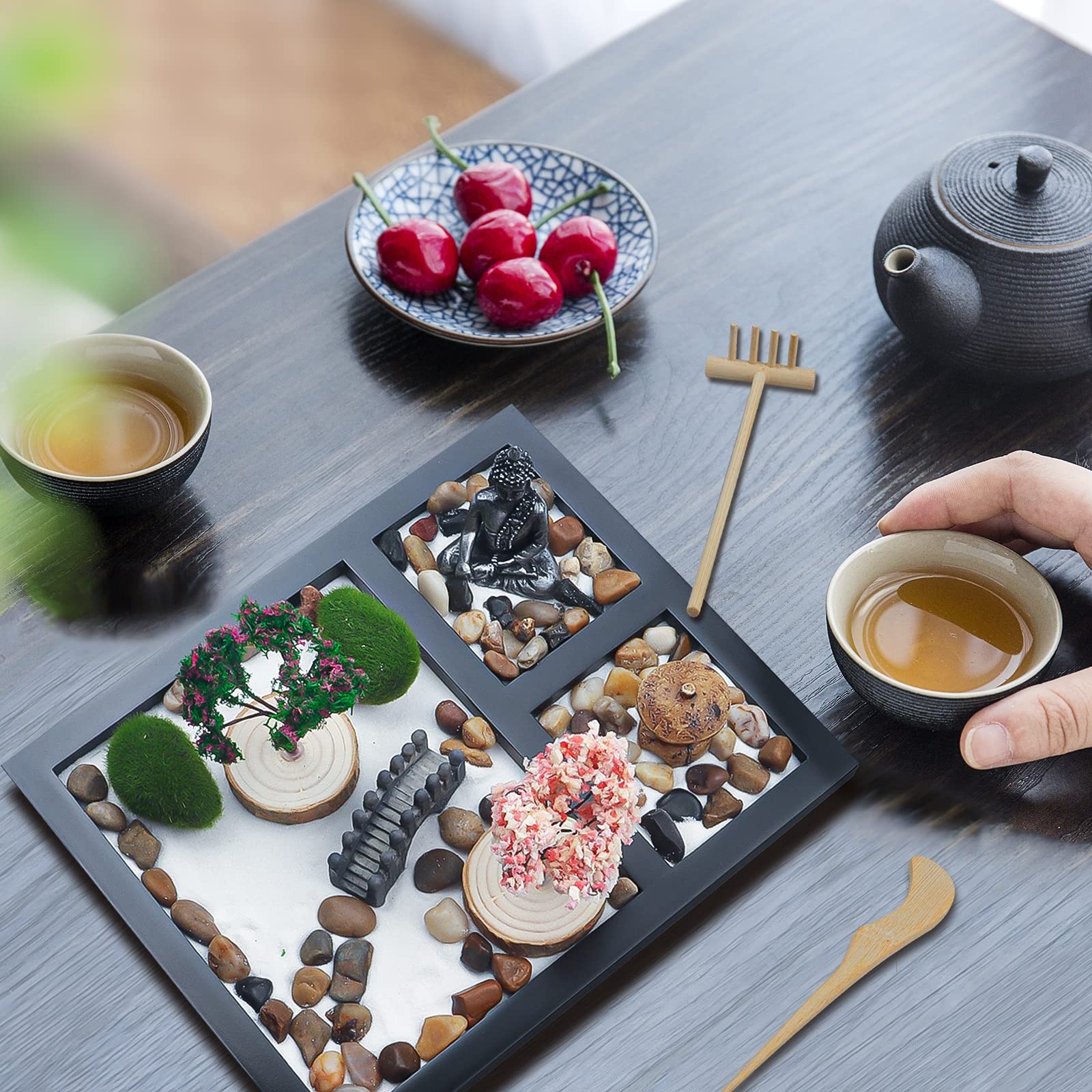 Sakura Budah Desktop Mini Zen Garden – 9″ x 7″ with White Sand, Artificial Bo…