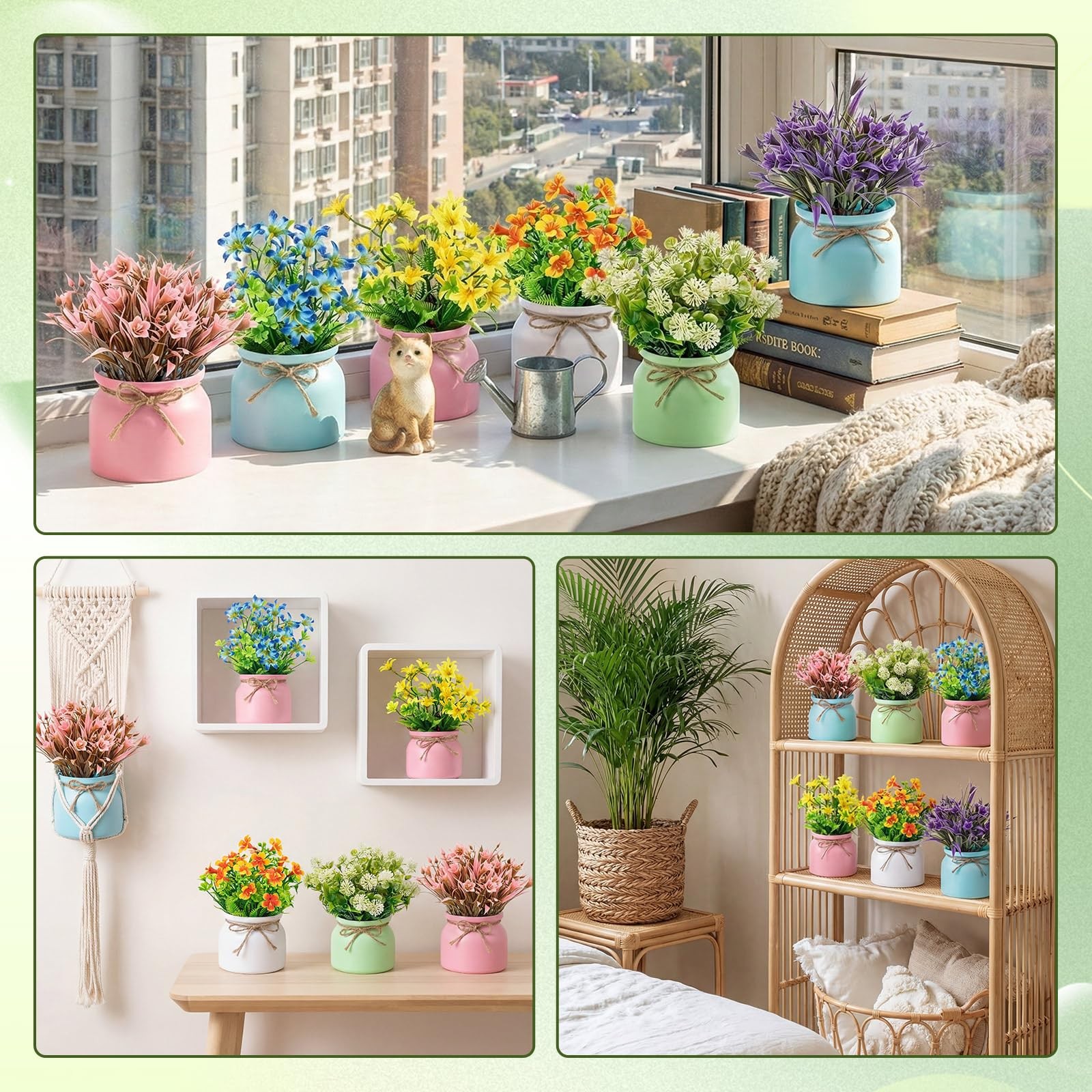 6 PCS Large Spring Artificial Flowers Potted Fake Floral Plants Macaron Pot