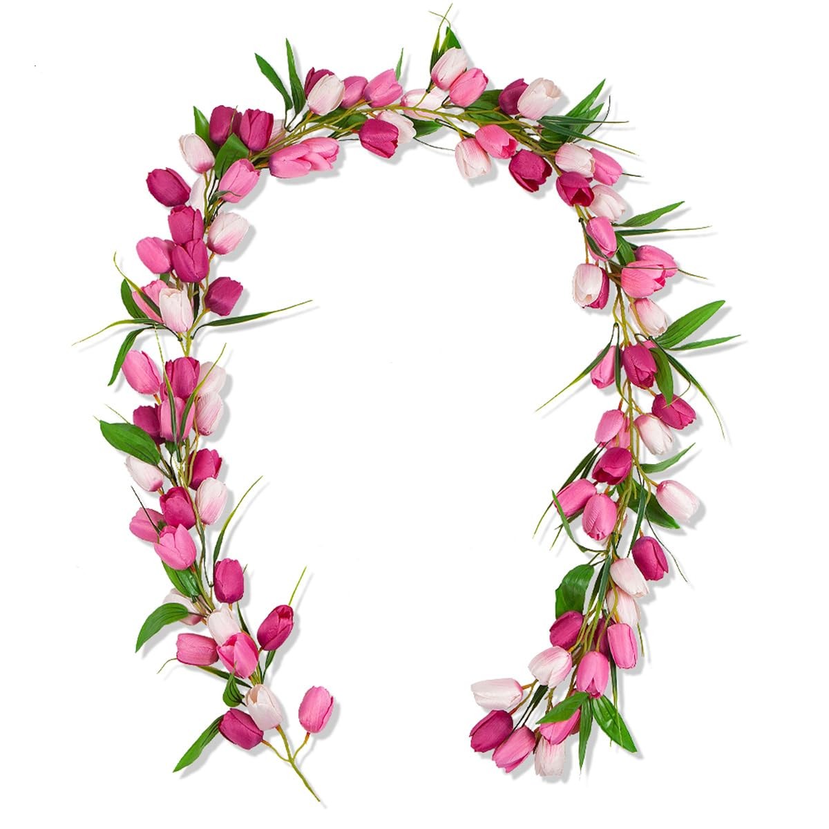 Artificial Tulip Garland，6ft Flowers Garland with Green Leaves Easter Wreath …