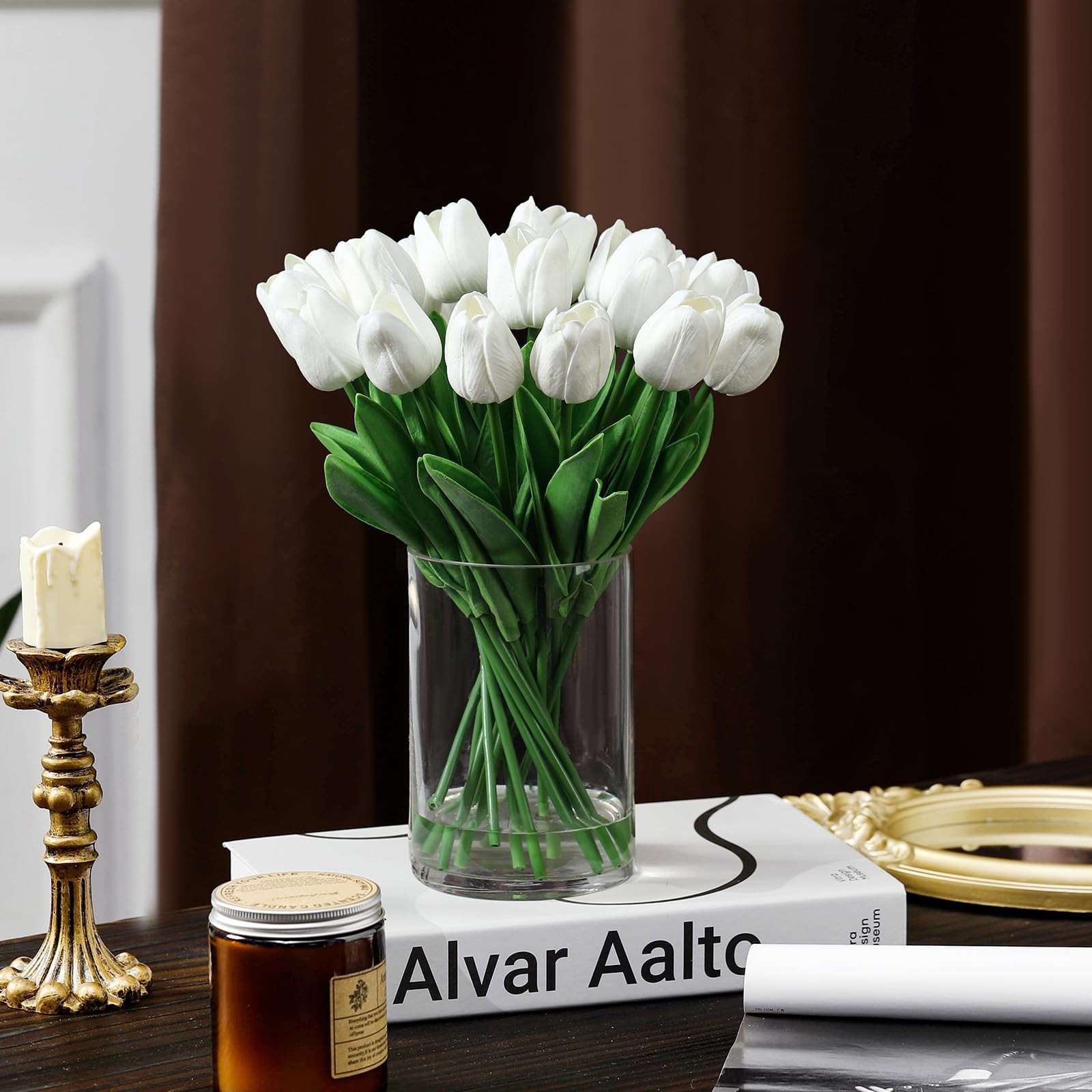20 PCS Real Touch White Artificial Tulips Fake Flowers In Vase Fake Water