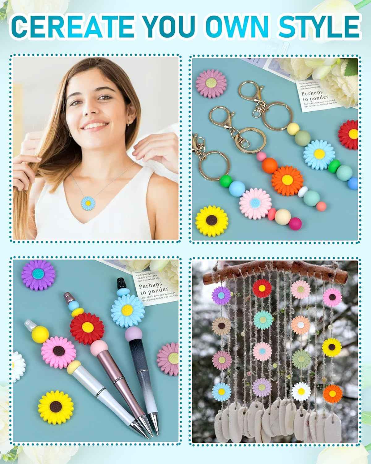30PCS Sunflowers & Daisy Focal Silicone Beads – Loose Beads for Pens, Necklaces