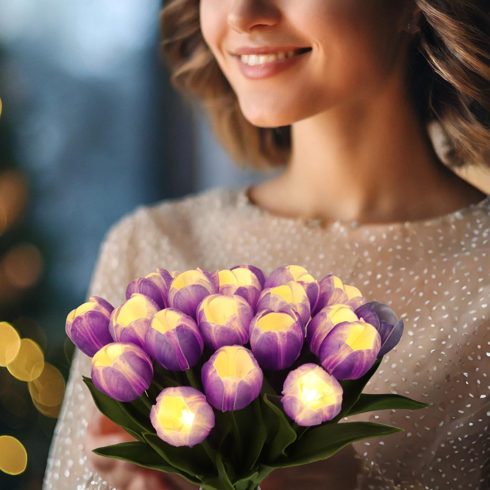 20 Stems LED Lighted Artificial Flowers Tulip Lamp Real Touch Tulips Faux Flo…
