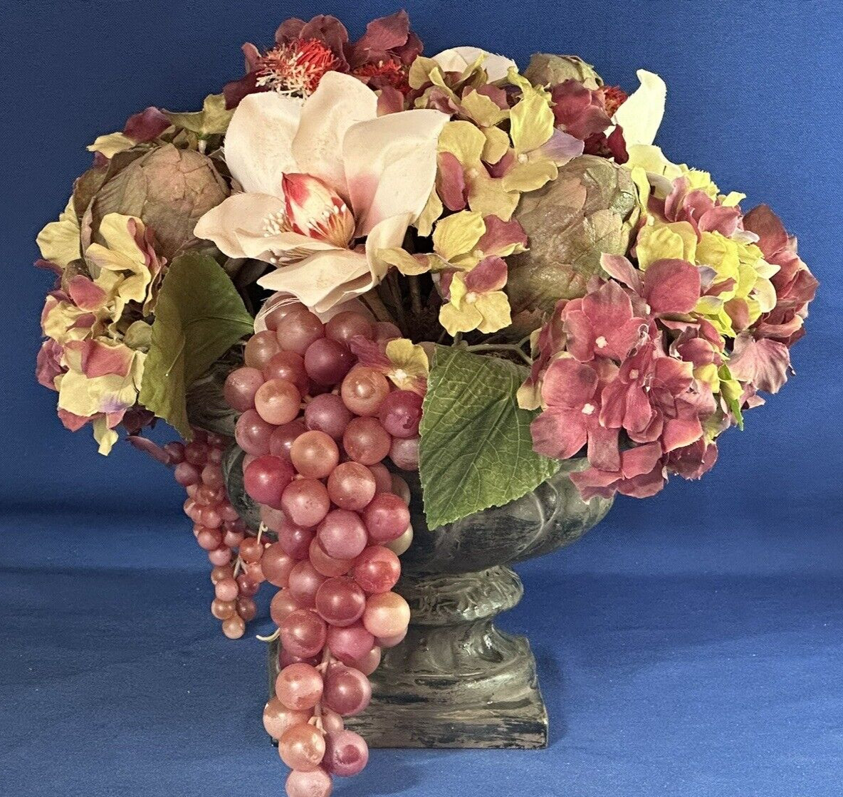 Large Arrangement of Faux Fruits and Flowers Centerpiece in Urn ~ 12.5 h x 13″ w