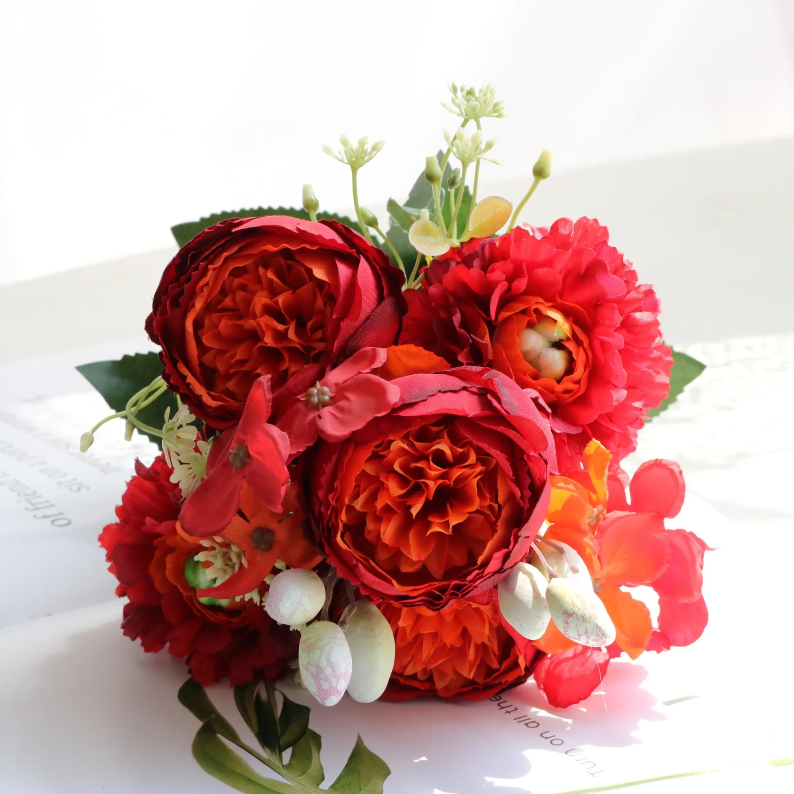 Rose Pink Silk Peony Bouquet – 5 Big Heads, 4 Buds for Wedding Decor