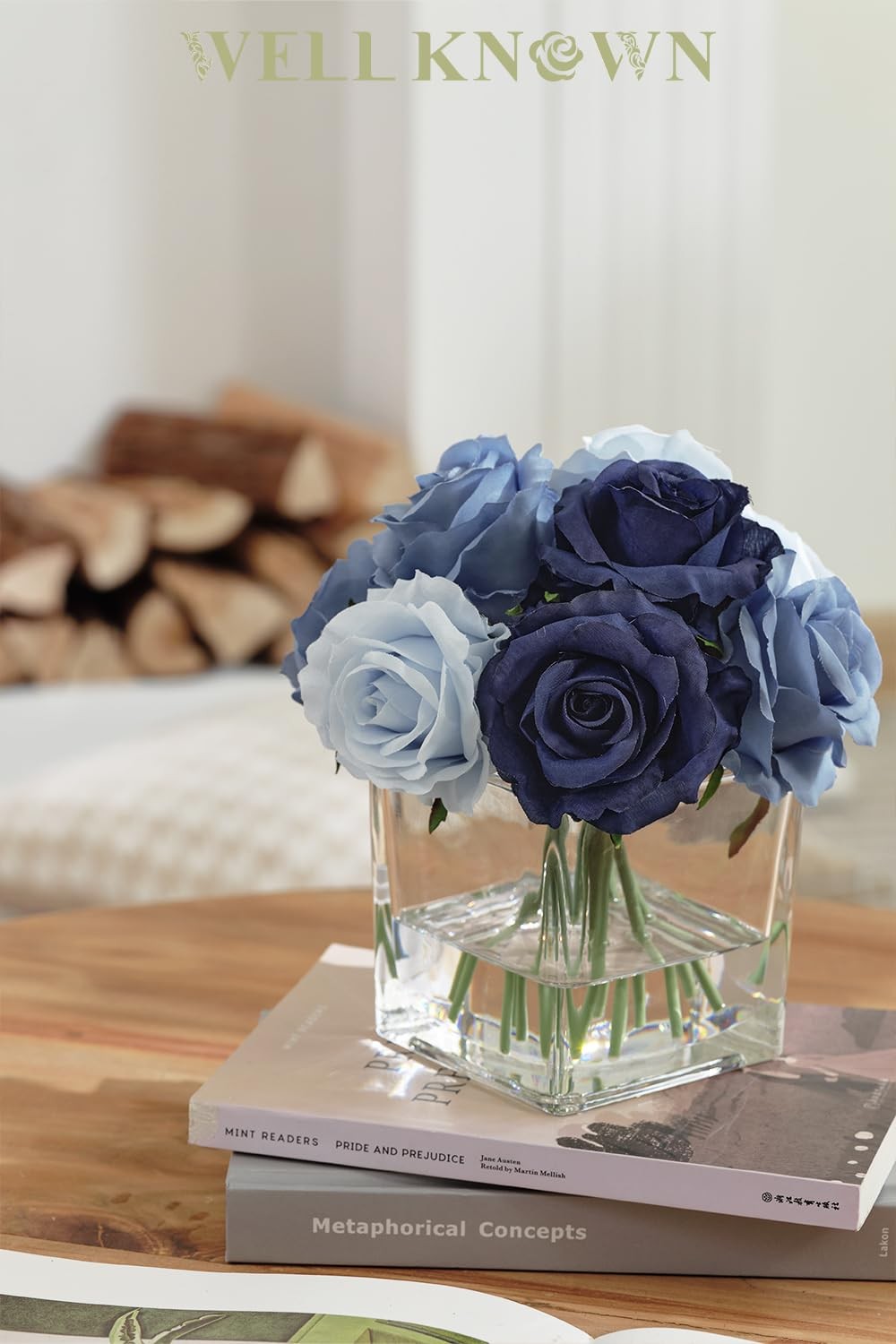 Blue Artificial Silk Rose Flowers In Vase Faux Water Table Centerpiece Decor