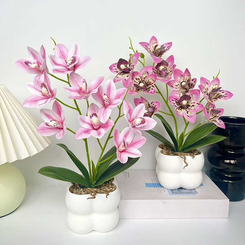 35cm Faux Pink Cymbidium Orchid in White Ceramic Pot for Minimalist Decor