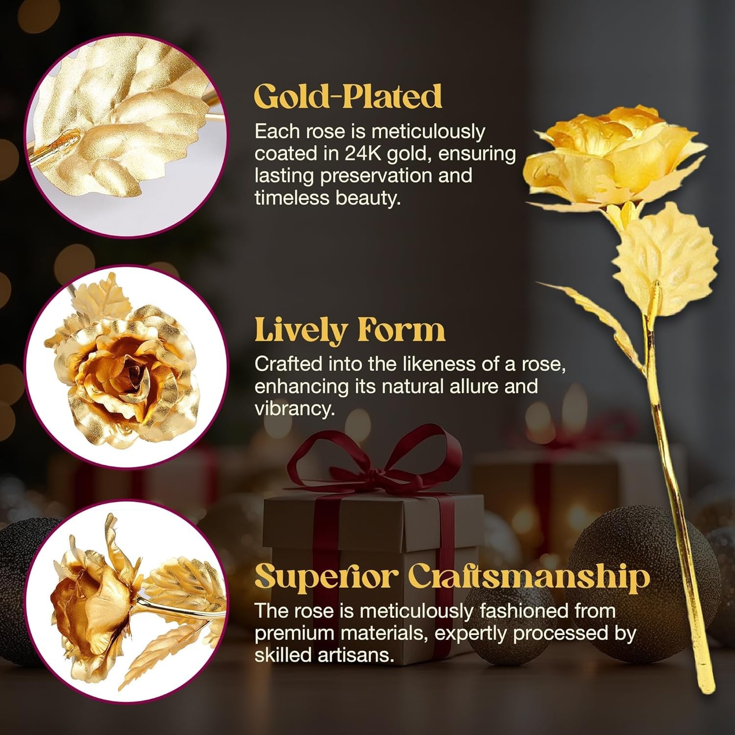 24k Gold Rose with Luxury Gift Box – 10″ Golden Rose Metal Single Rose