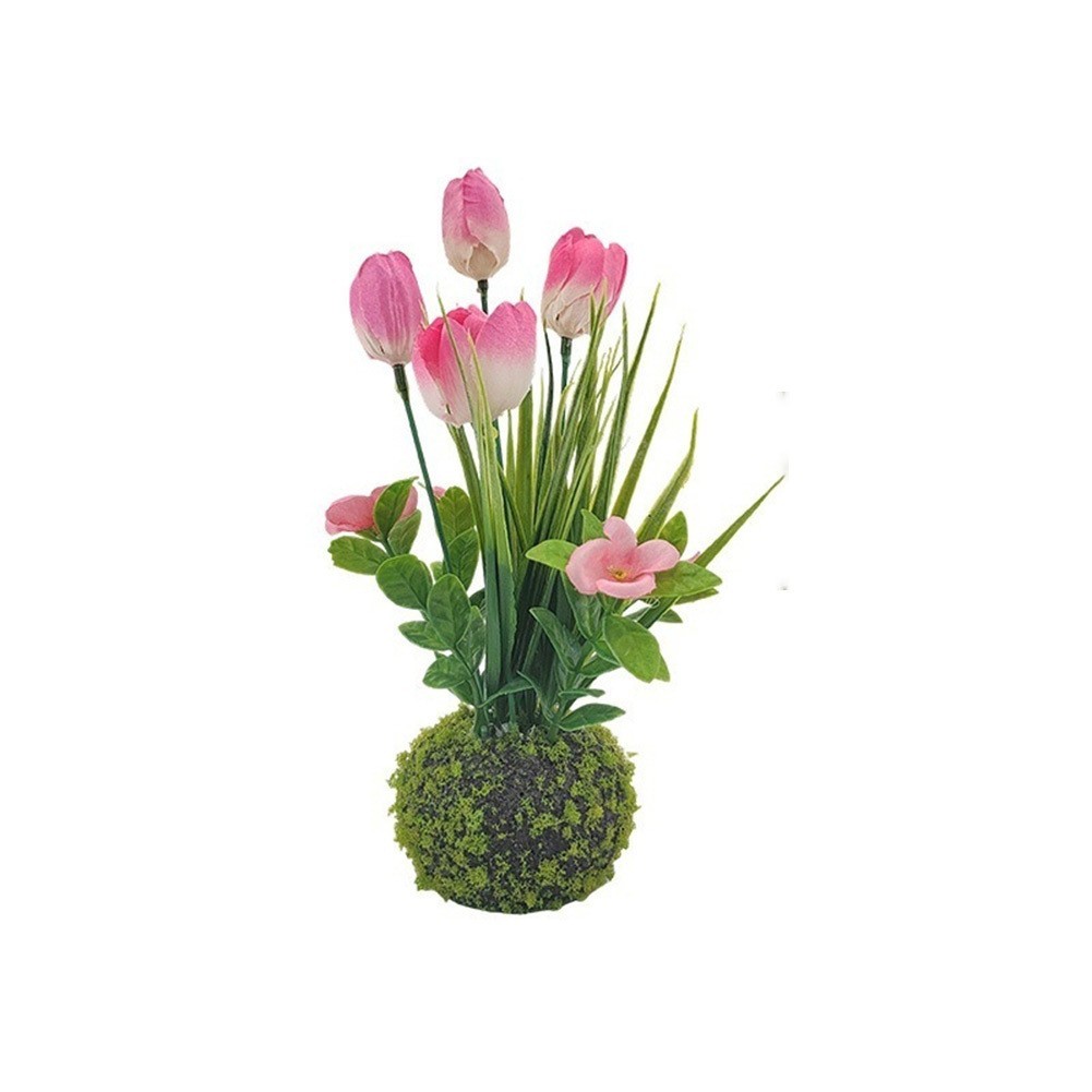 Artificial Pink Tulip in Decorative Moss Ball 7.5cm 23cm for Bookshelf