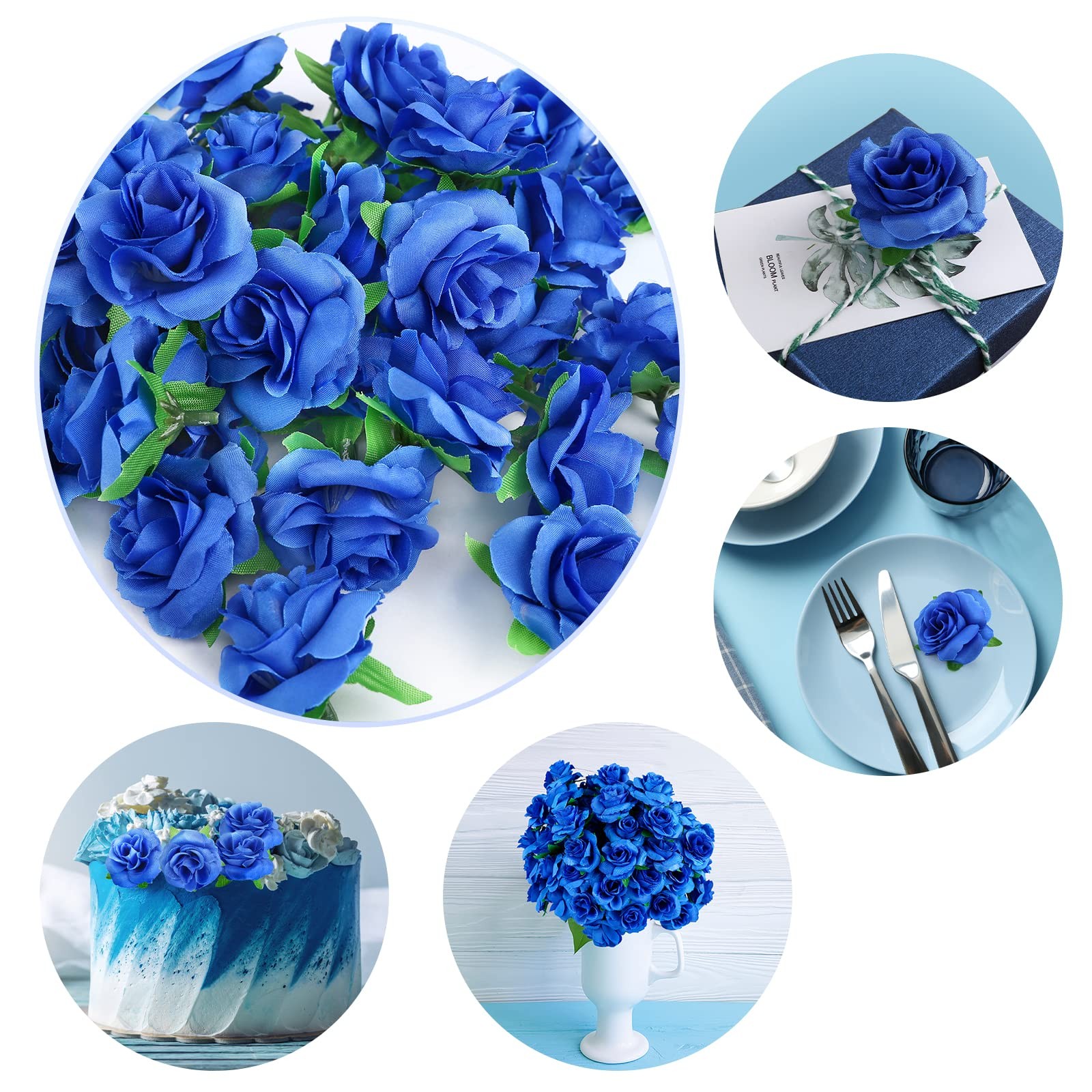 50pcs Royal Blue Roses Artificial Flowers Bulk, 1.6″ Small Silk Fake Roses Flowe