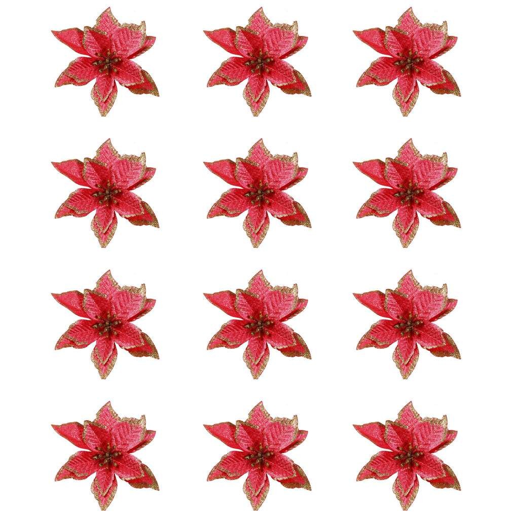 12pcs Glitter Artificial Poinsettia Flower Christmas Tree Ornaments Home Decor