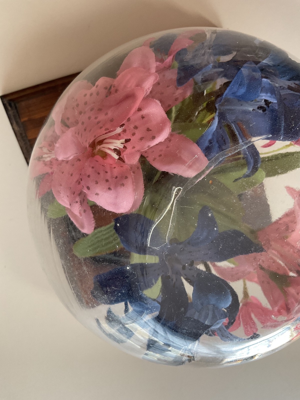 Faux Flowers Clear Dome Cover Wood Base Centerpiece Decor Blue/Pink Floral