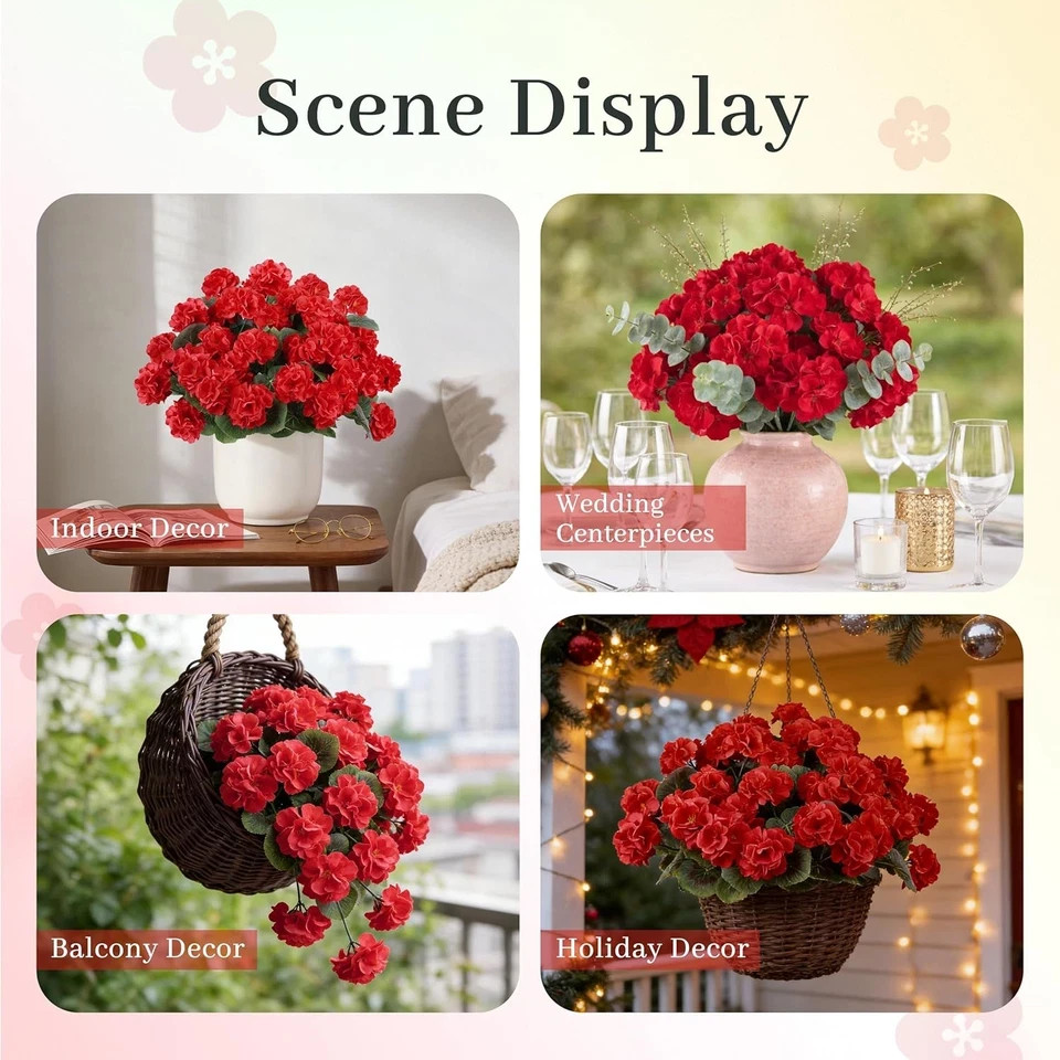 6 Pack Red Artificial Geraniums Flowers for Outdoors UV Resistant Faux Flowers f