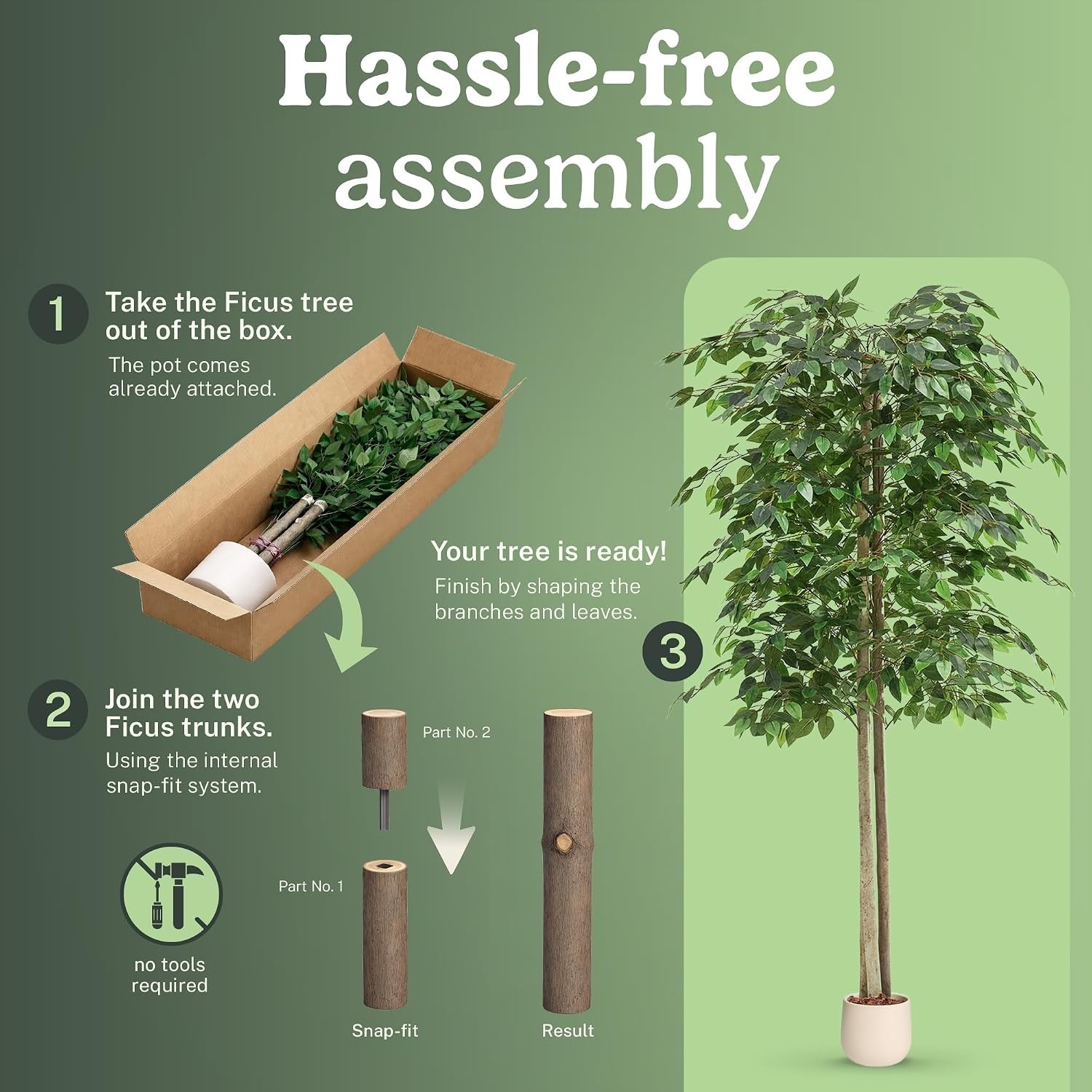 Tall Faux Ficus Plants 6ft Pre Potted with Wood Chips for Home and Office Decor
