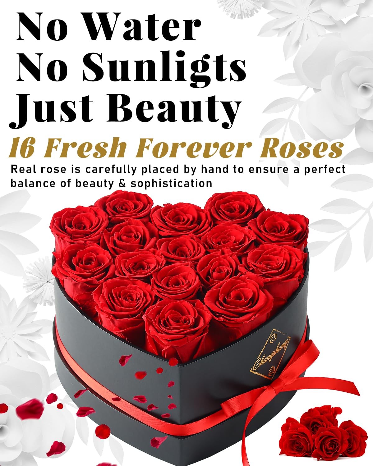 16 PCS Forever Preserved Roses In Heart Box Anniversary Birthday Real Flowers