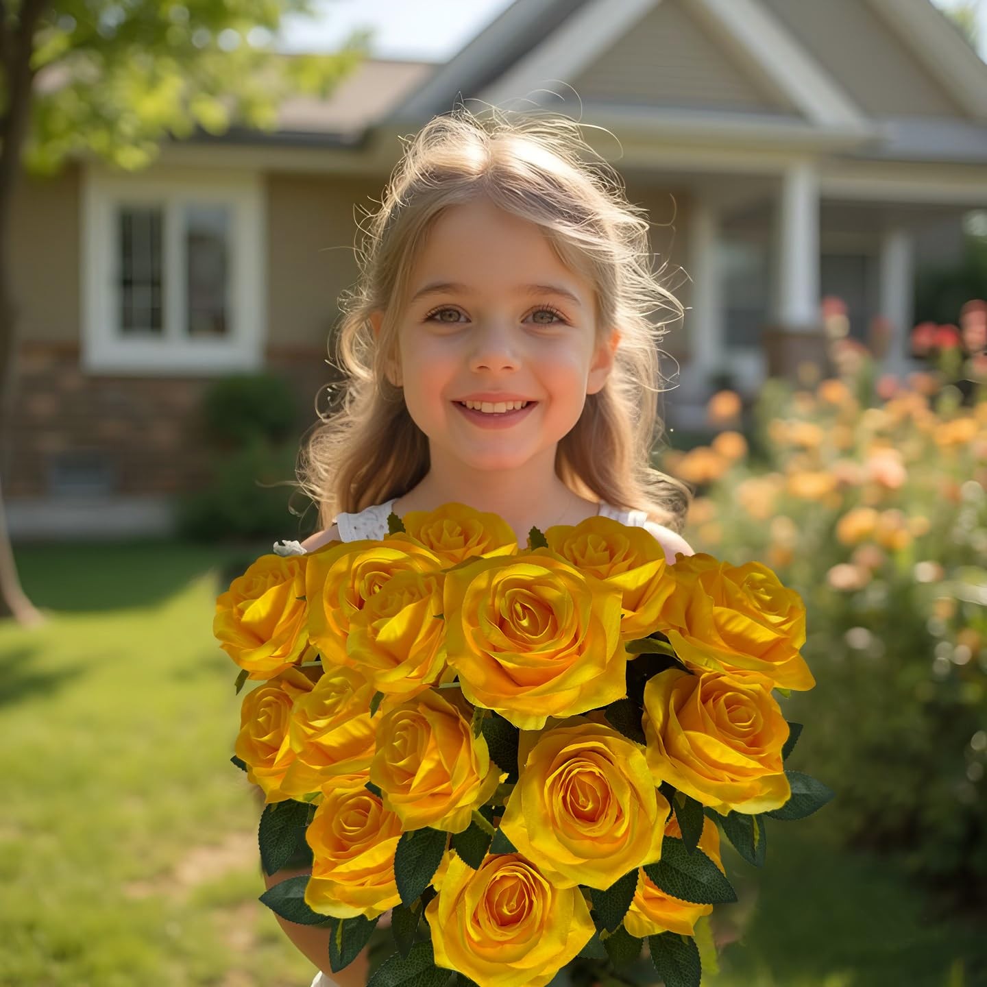 10-Heads Yellow Artificial Rose Silk Flowers Bouquet for Home Wedding Decor