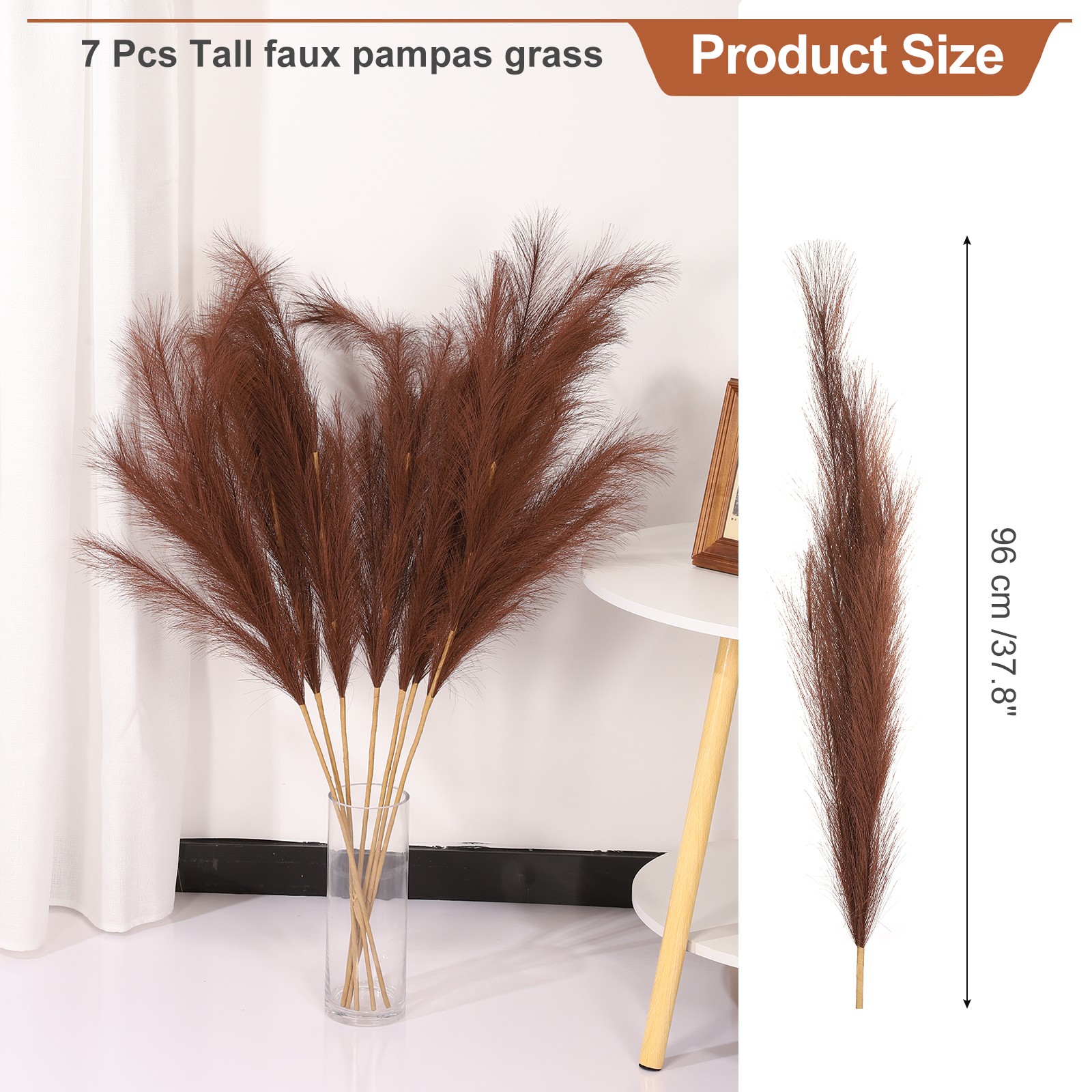 37.8in Pampas Grass Decor, 7 Pcs Artificial Pampas Grass Bulk, Dark Brown