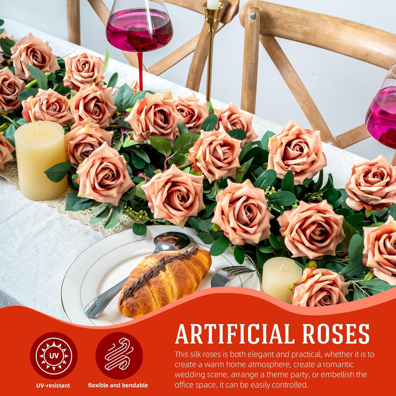 Fake Roses Faux Flowers Silk Roses 16.5In Artificial Roses with Stems Realistic