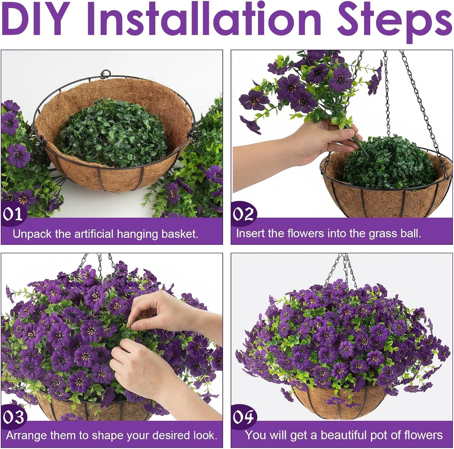 Durable 2 Set Artificial Purple Flowers Hanging Basket Outdoor Home Decor