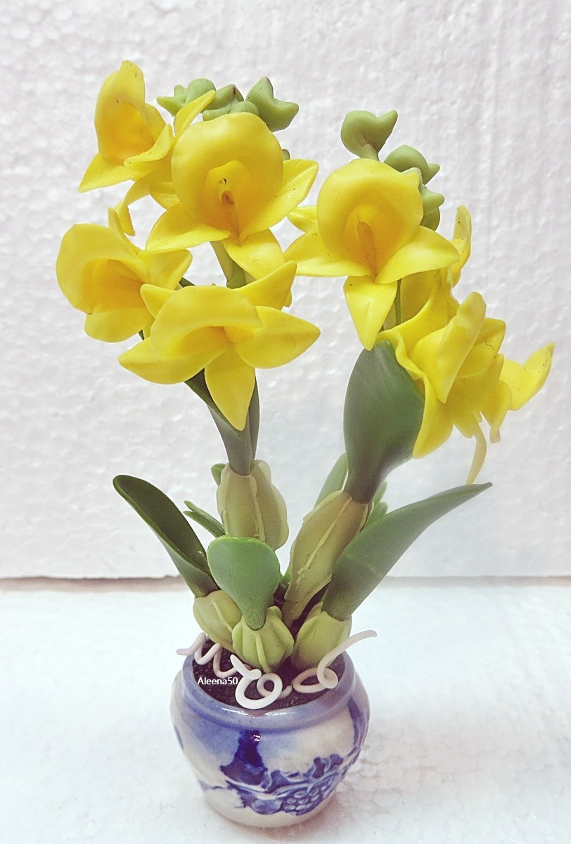 US stock 4″H Handcrafted Yellow Dendrobium Orchid arranged in a pot