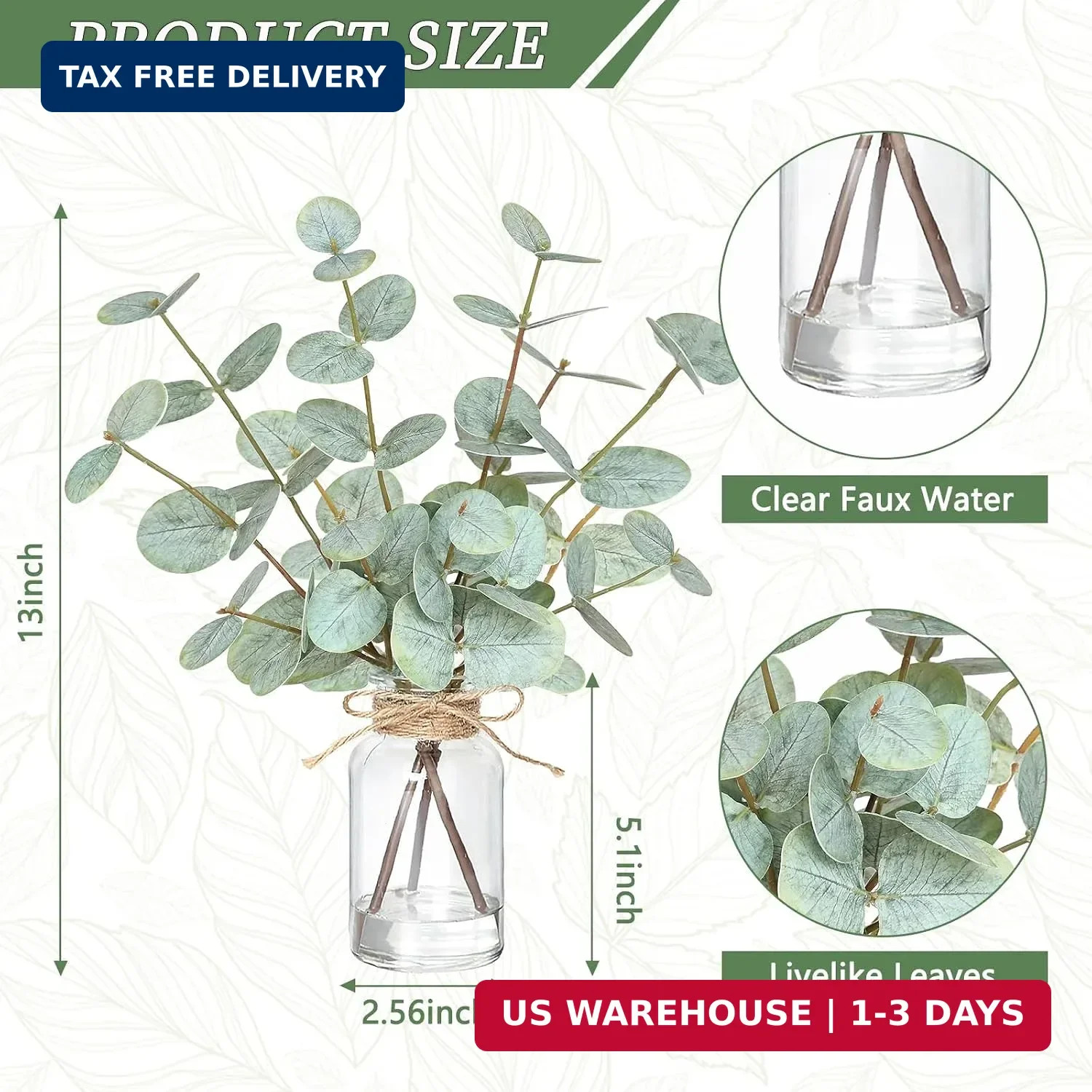 Fake Eucalyptus Stems in Vase with Faux Water,Artificial Plants Eucalyptus Leave