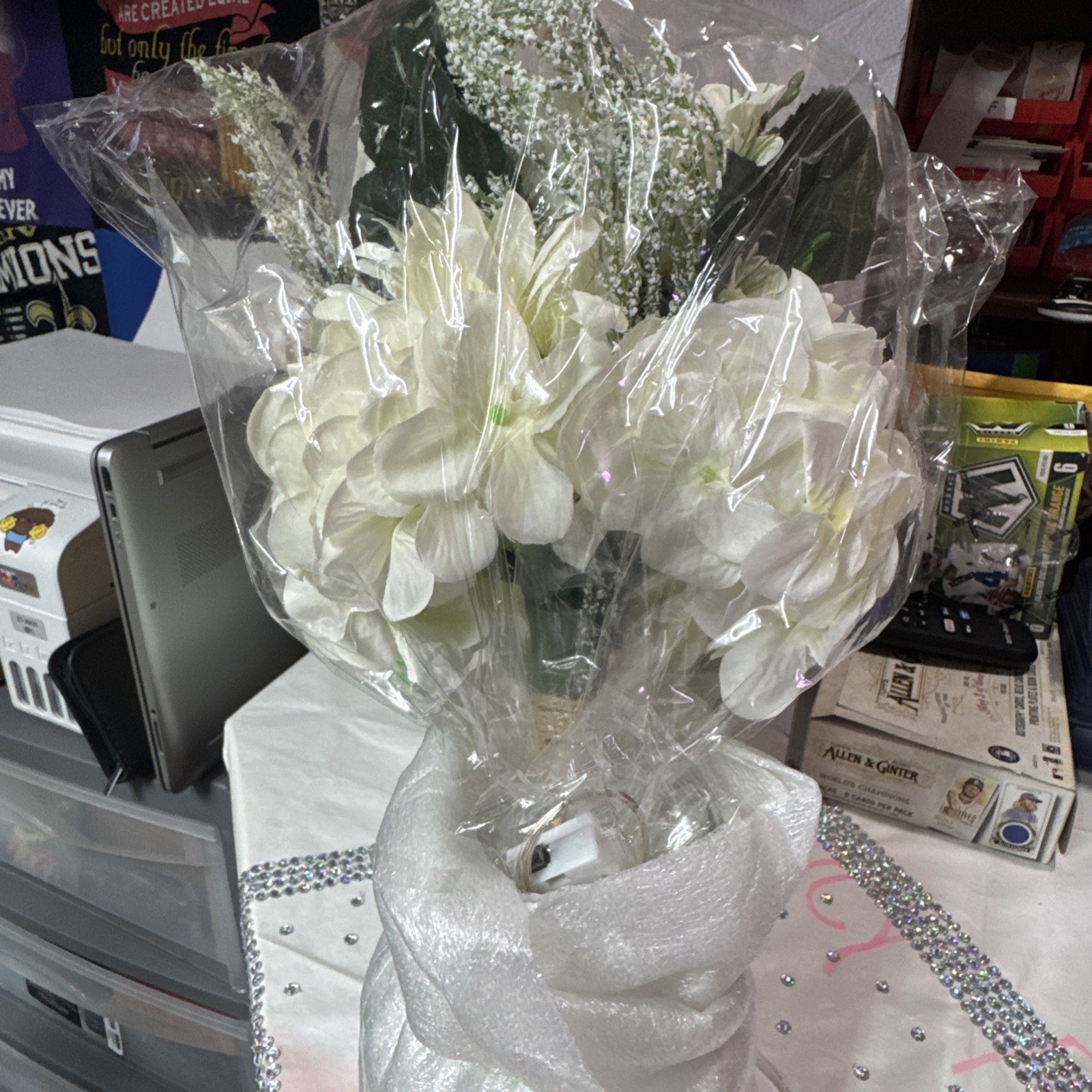 Artificial Rose And Hydrangea Bouquet With Clear Glass Case And Fairy Lights NIB