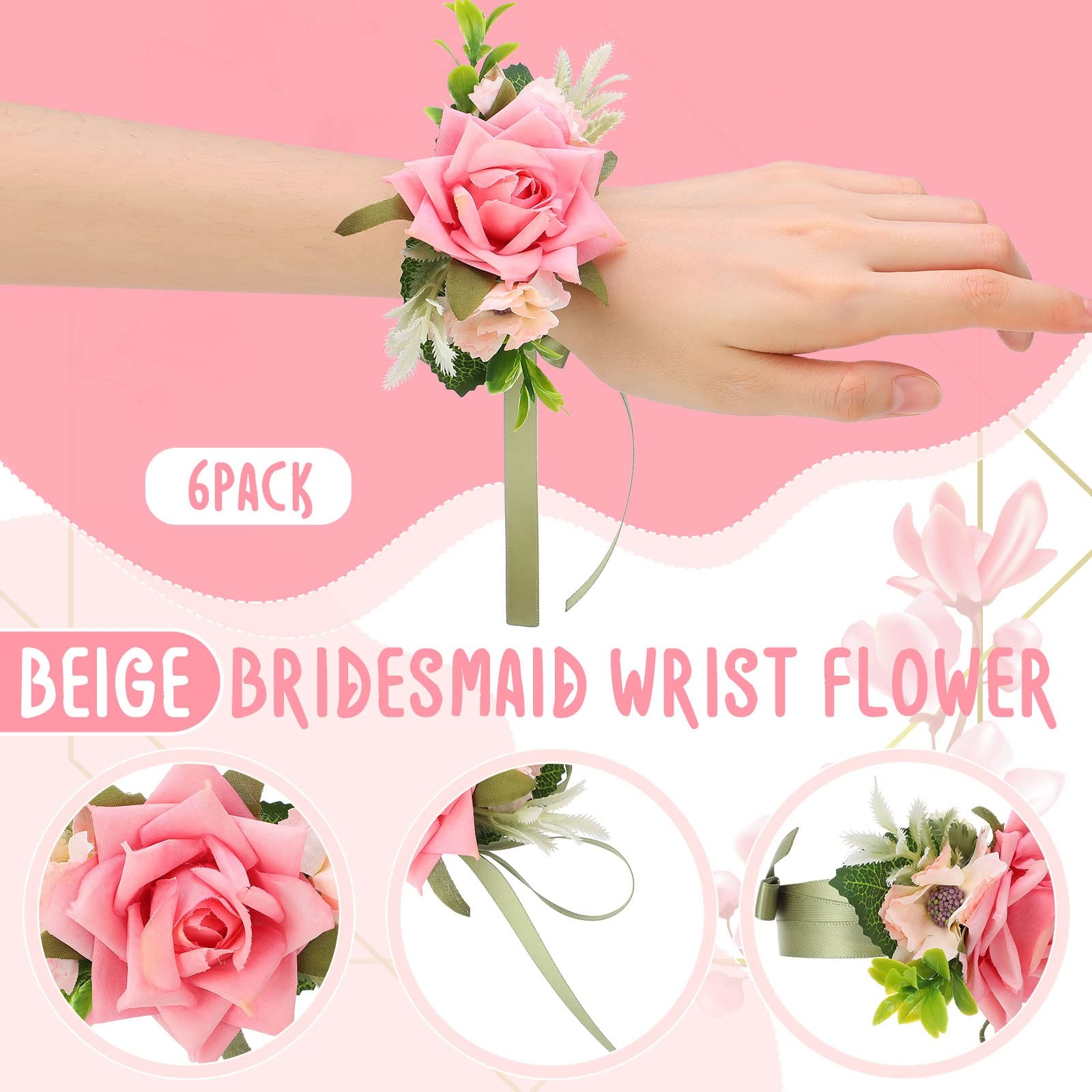 12 PCS Boutonniere Corsage Set Wedding Party Flower Wrist Pink Men Women Prom
