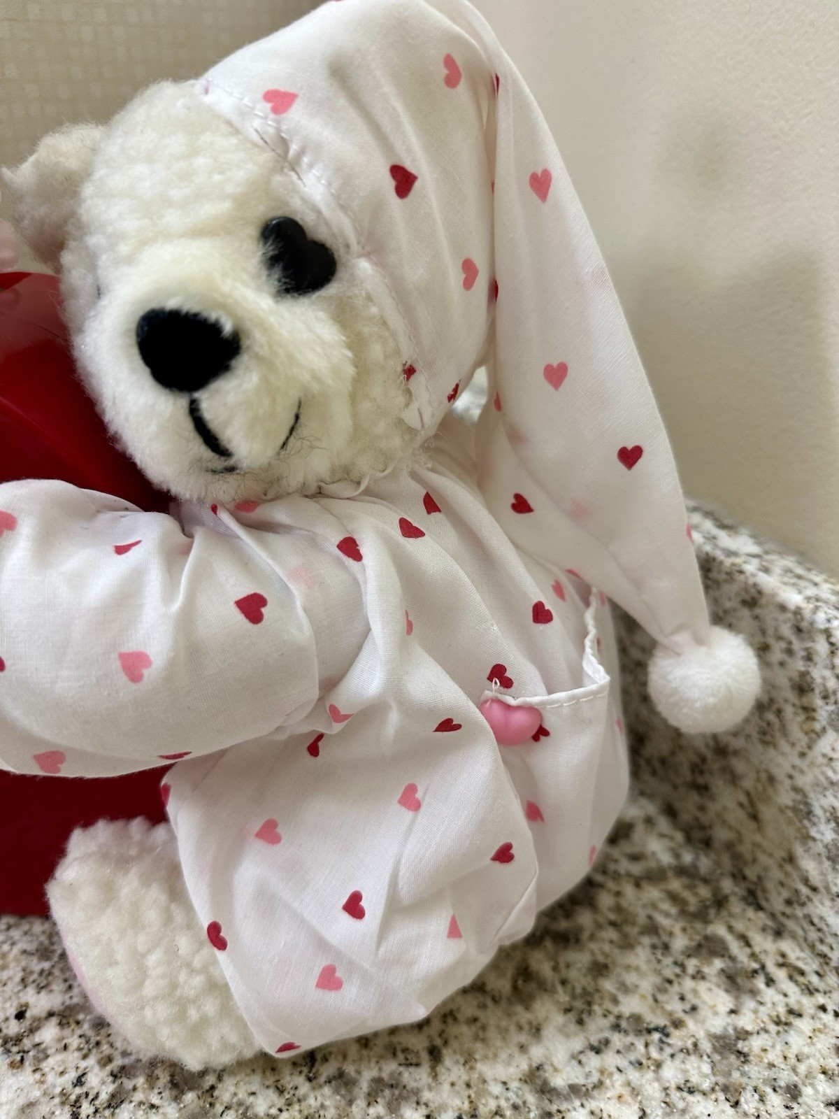 New Stunning Plush Bear In Pj With Satin Flower Arrangement In Red Heart Vase