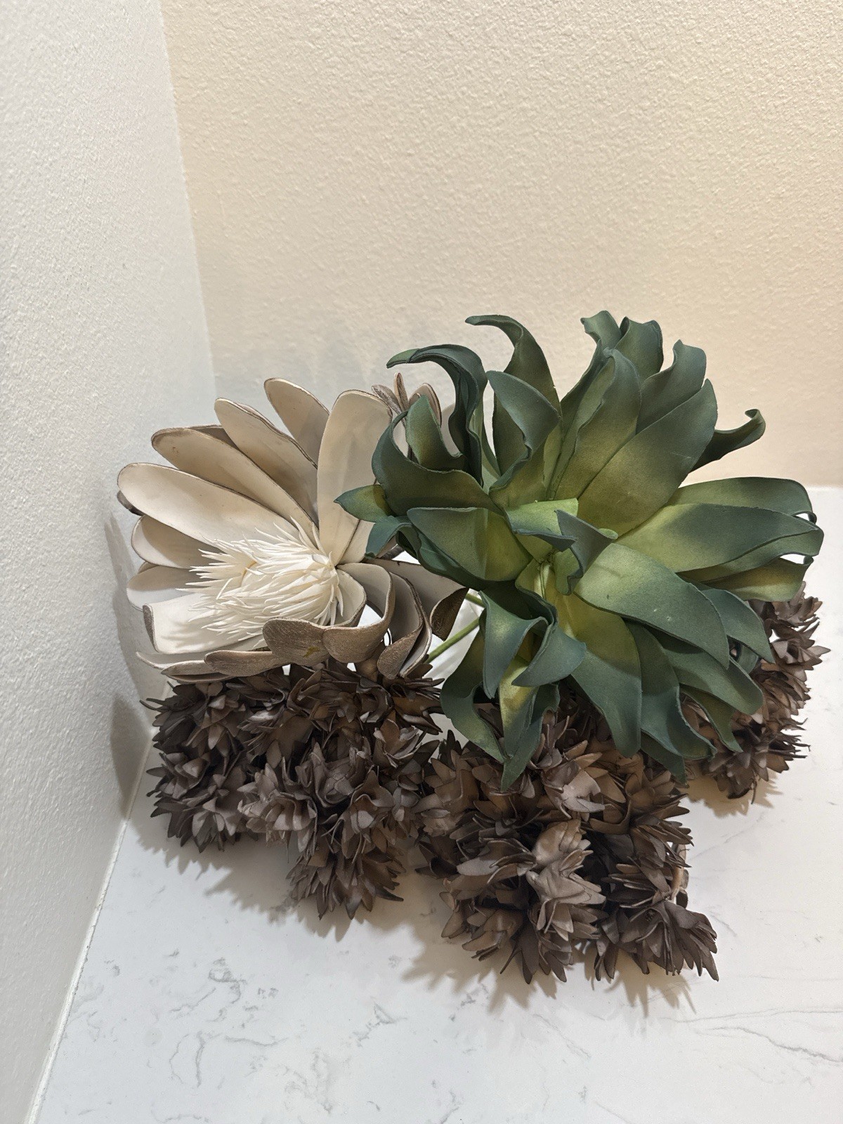 Lot 5 Artificial Flower Stems Rustic Brown White Green Floral Decor 10-15”