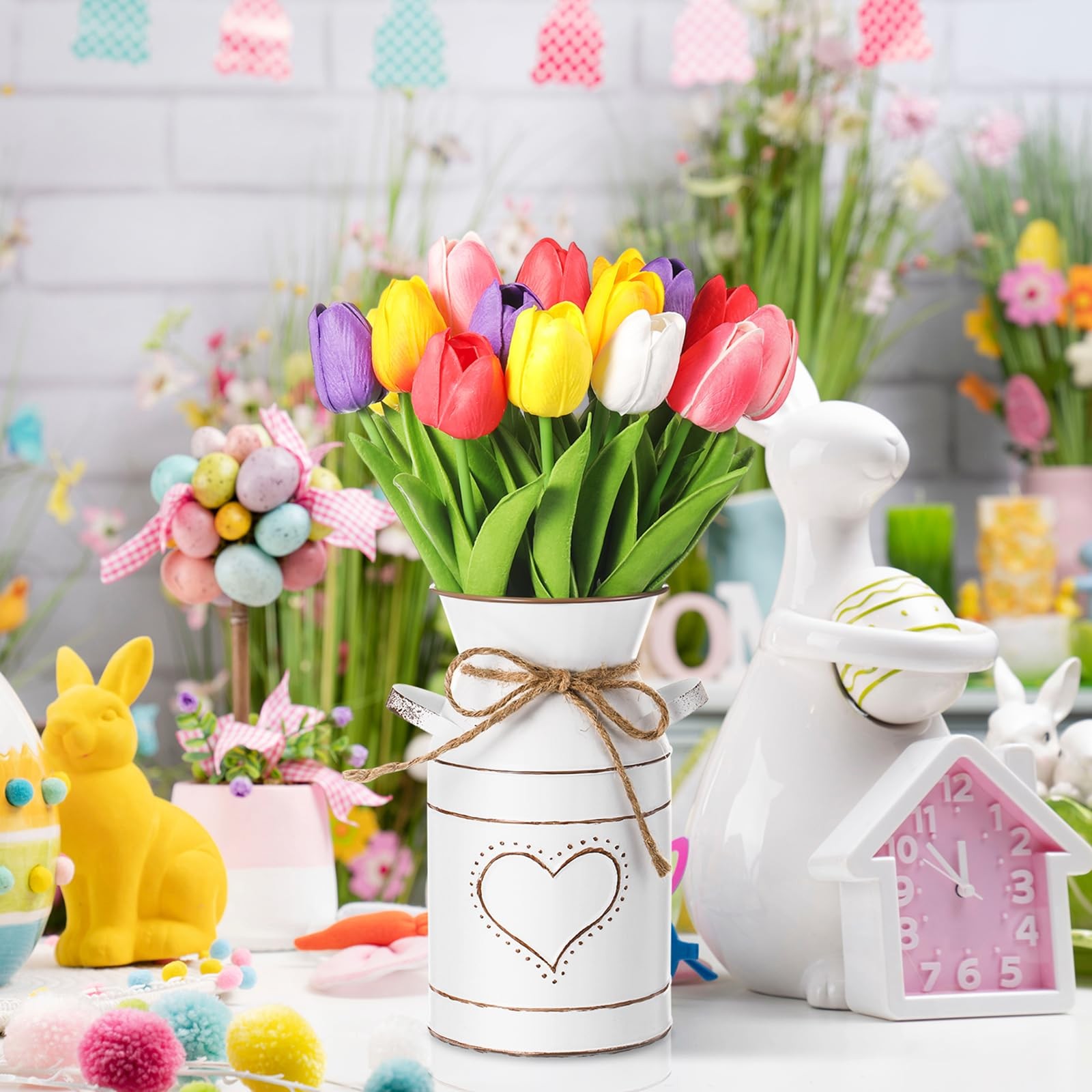 19 PCS Spring Easter Centerpieces 18 Fake Tulips 1 Metal Pot Artificial