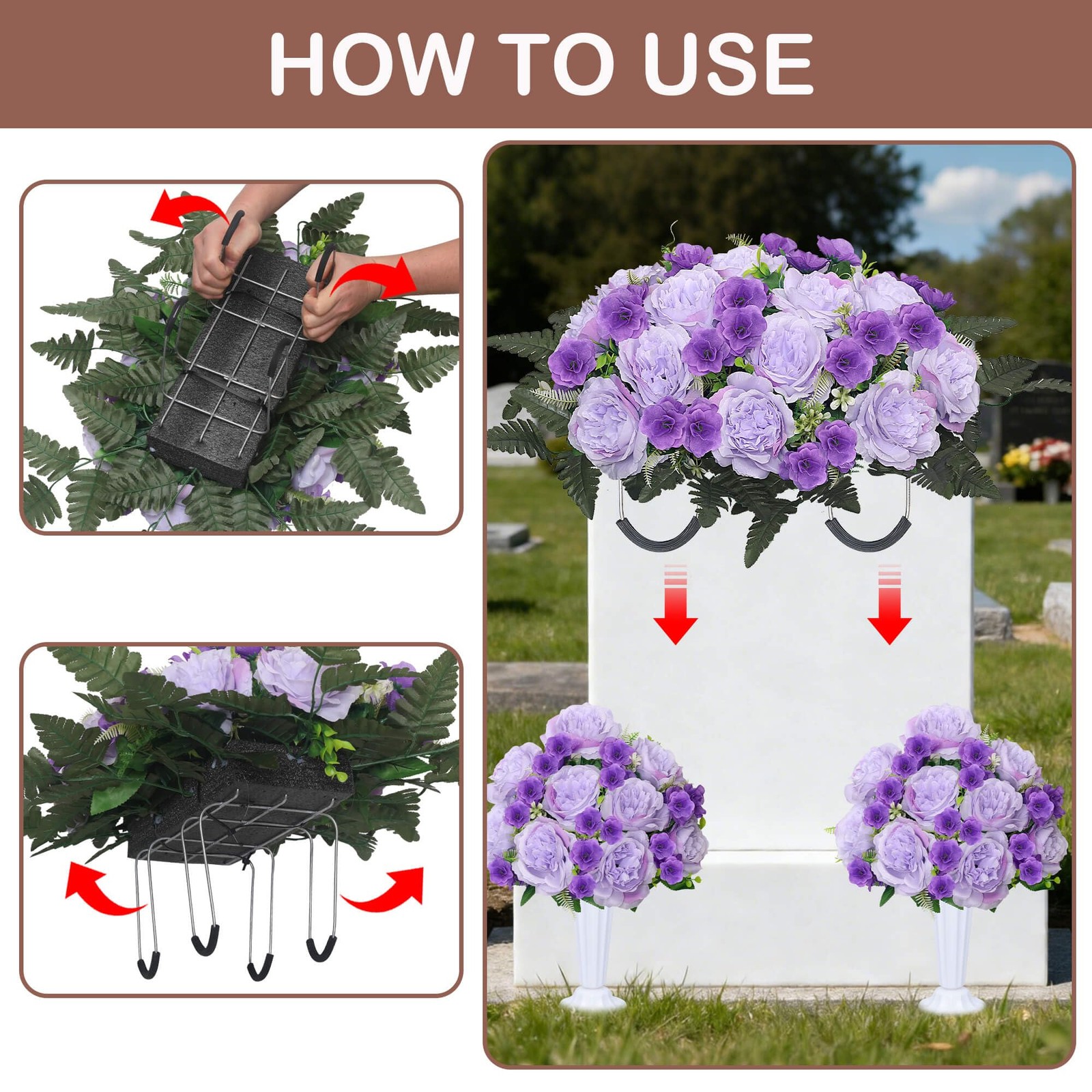 Grave Decorations for Cemetery Headstone Flower Saddle 2PC Artificial Peony F