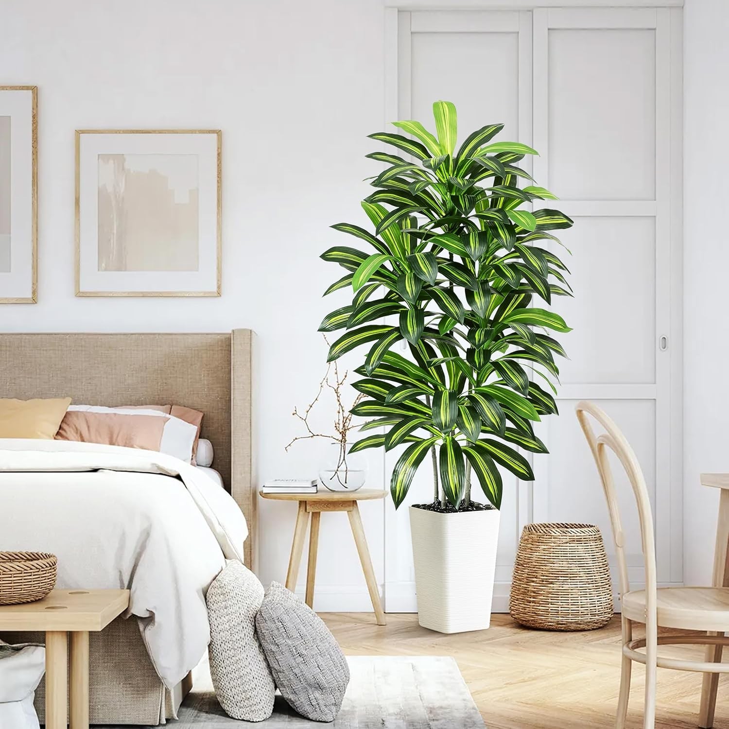 Artificial Dracaena Tree – 5FT Tall Fake Plants with White Tall Planter – Art…