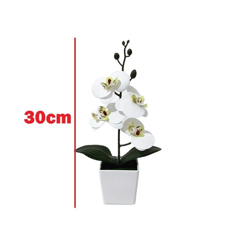 4-Bloom Faux Phalaenopsis Orchid in Trendy White Square Pot for Any Room