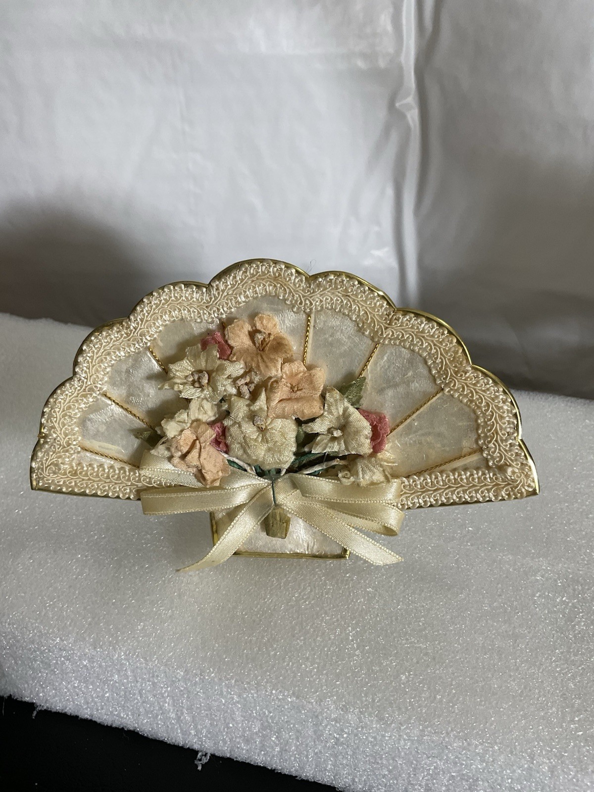 MC Coastal Capiz Shell Fan Trimmed with Gold Lace/Flowers Victorian Style Decor