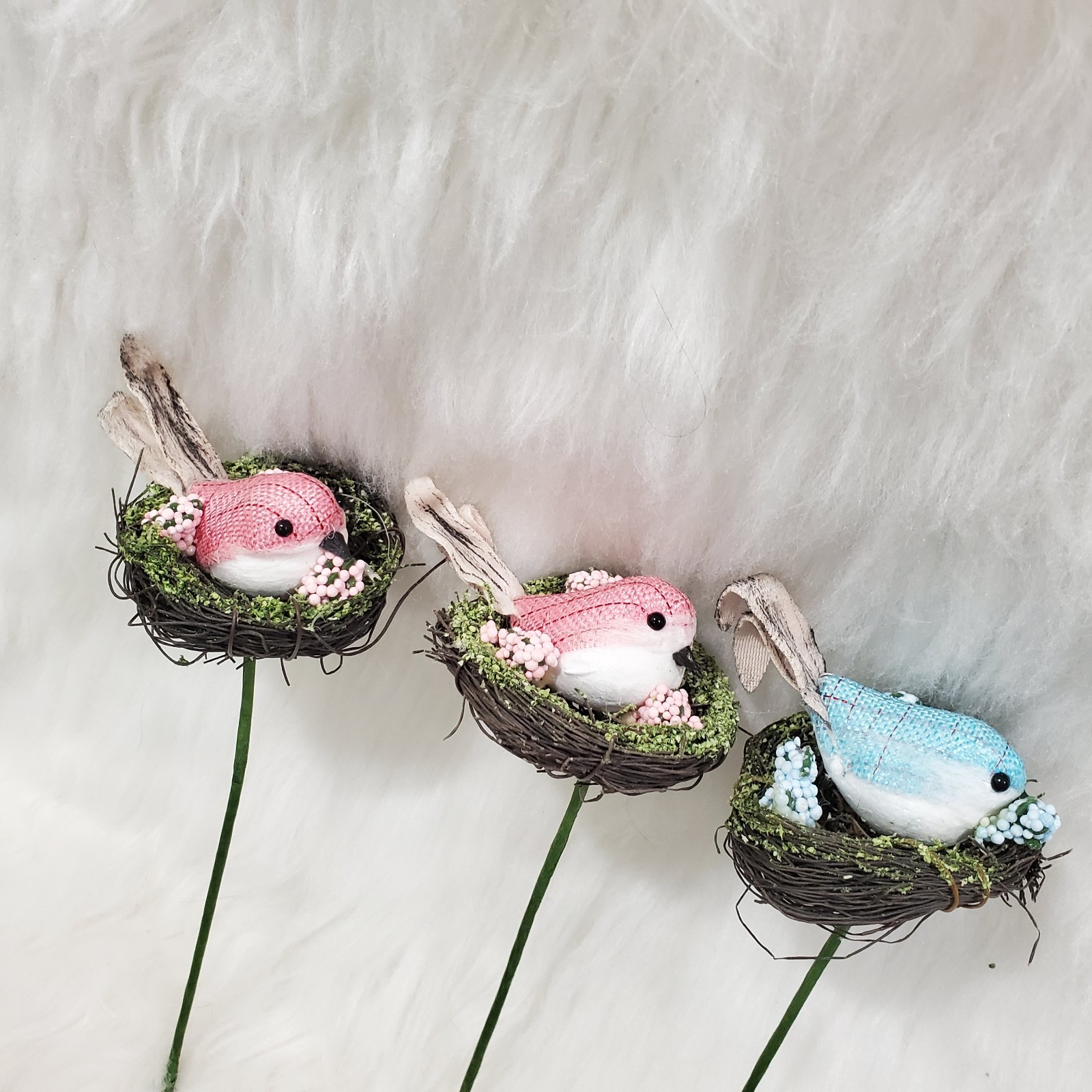 Artificial Bird Nest Floral Picks Set of 3 Pink Blue Birds Flowers Branch Twig