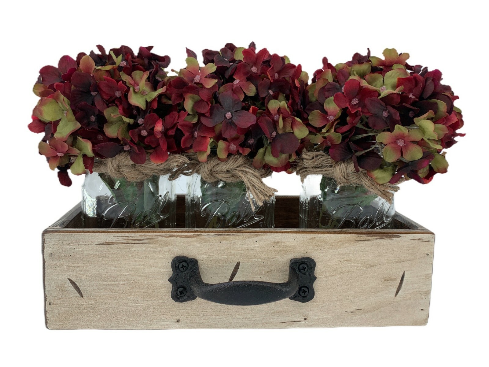 Centerpiece with 3 Mason Jars + 3 Flowers + Handmade Wood Drawer ANTIQUE WHITE